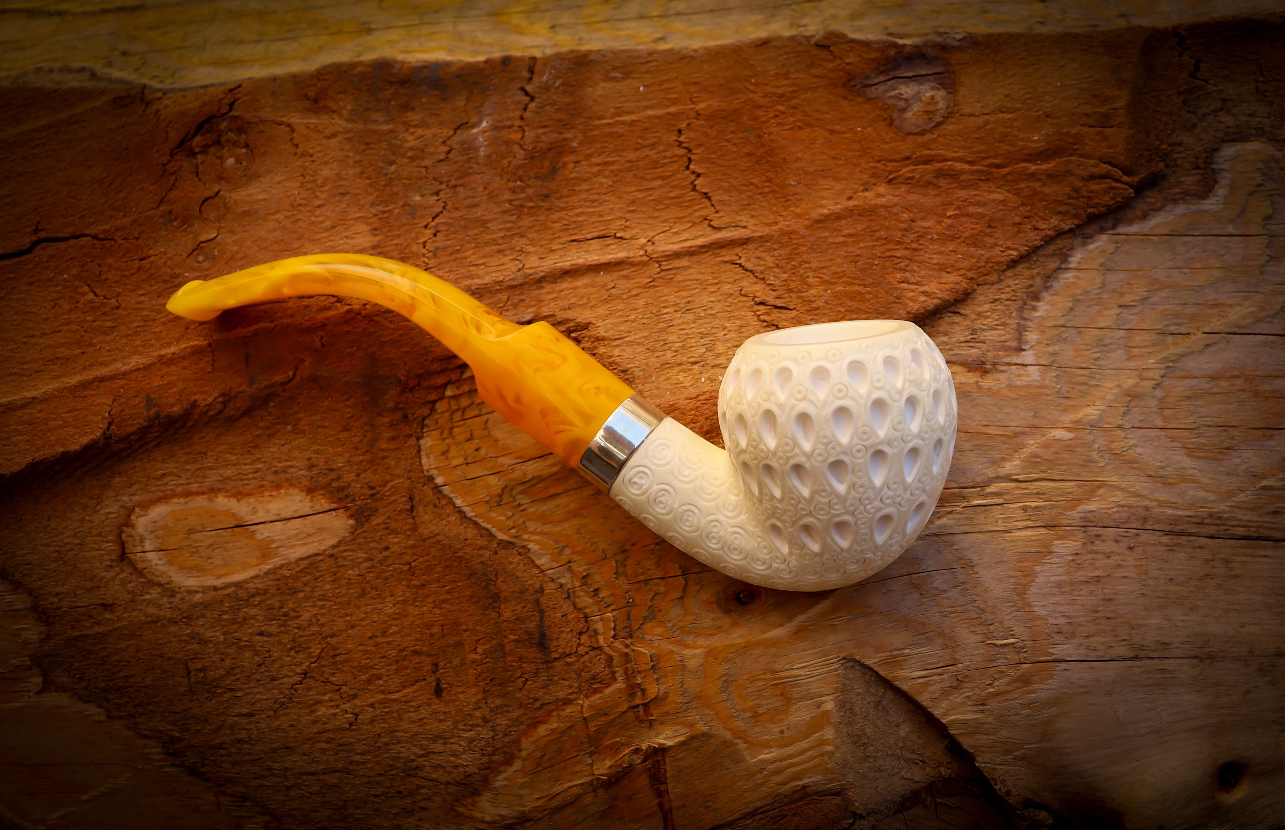 Silver Latticed Special Handmade Pear Meerschaum Pipe With Leather Box- Astaş Meerschaum