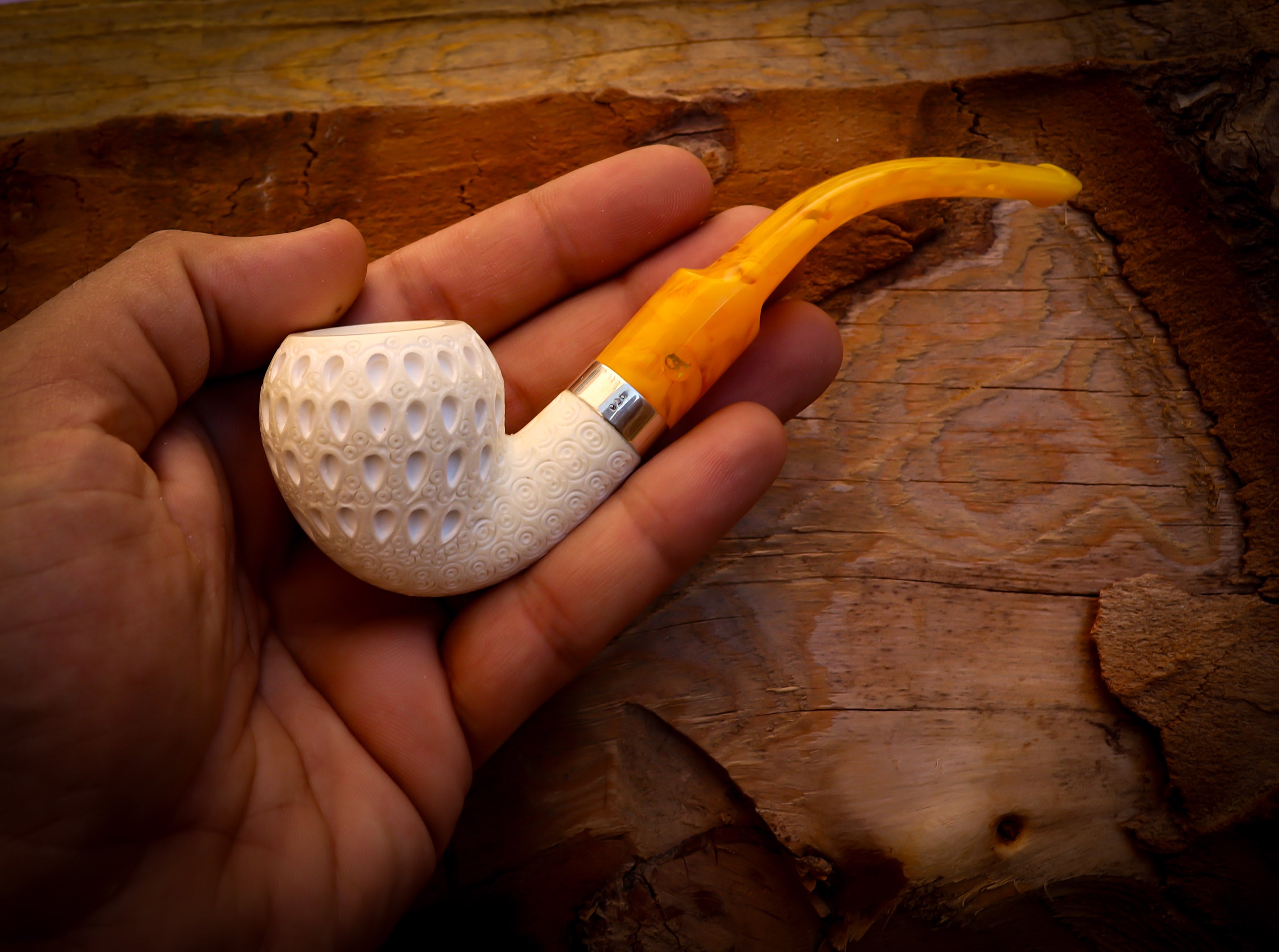 Silver Latticed Special Handmade Pear Meerschaum Pipe With Leather Box- Astaş Meerschaum