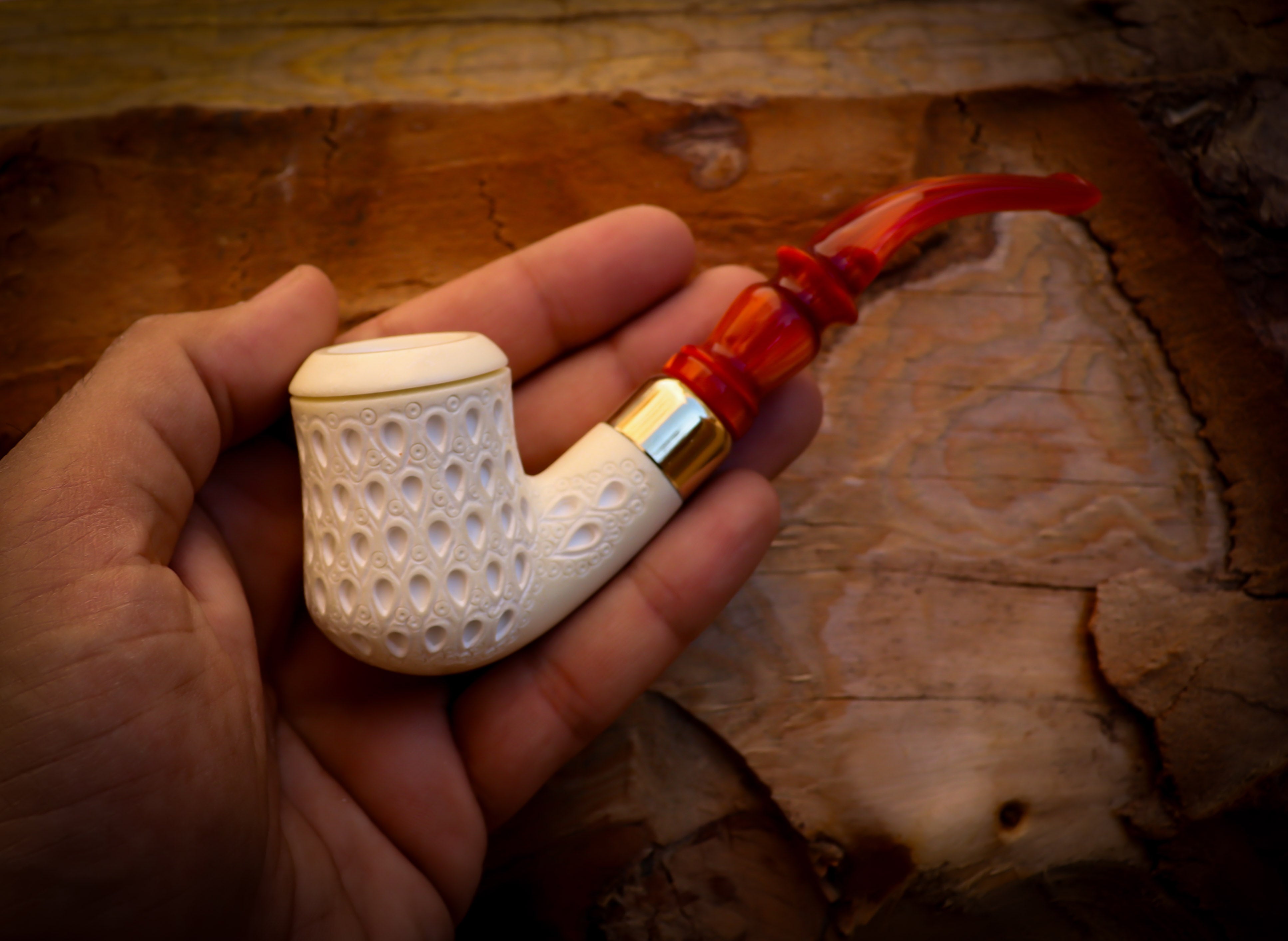 Embriodered Special Handmade Freehand Meerschaum Pipe With Leather Box- Astaş Meerschaum