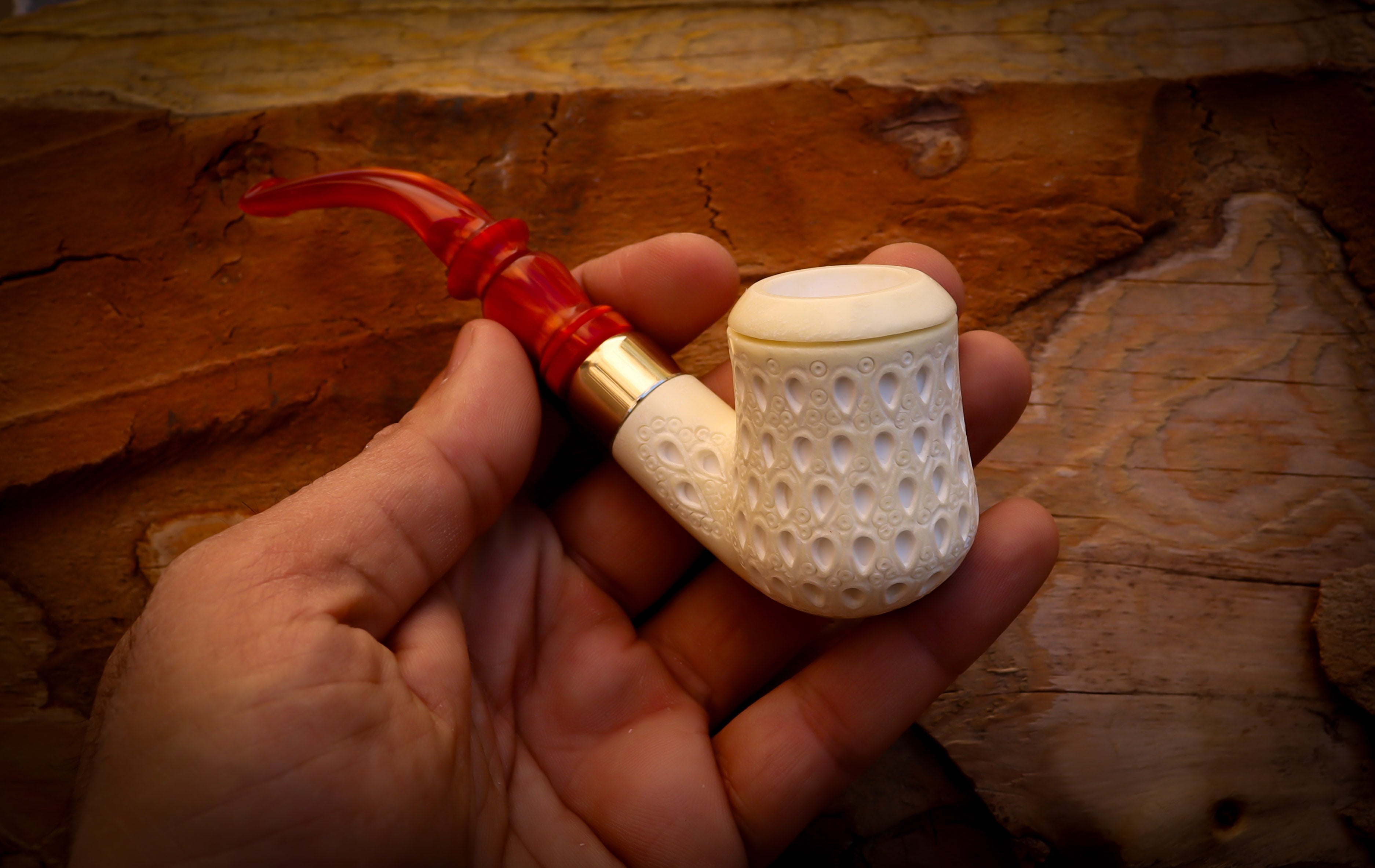 Embriodered Special Handmade Freehand Meerschaum Pipe With Leather Box- Astaş Meerschaum