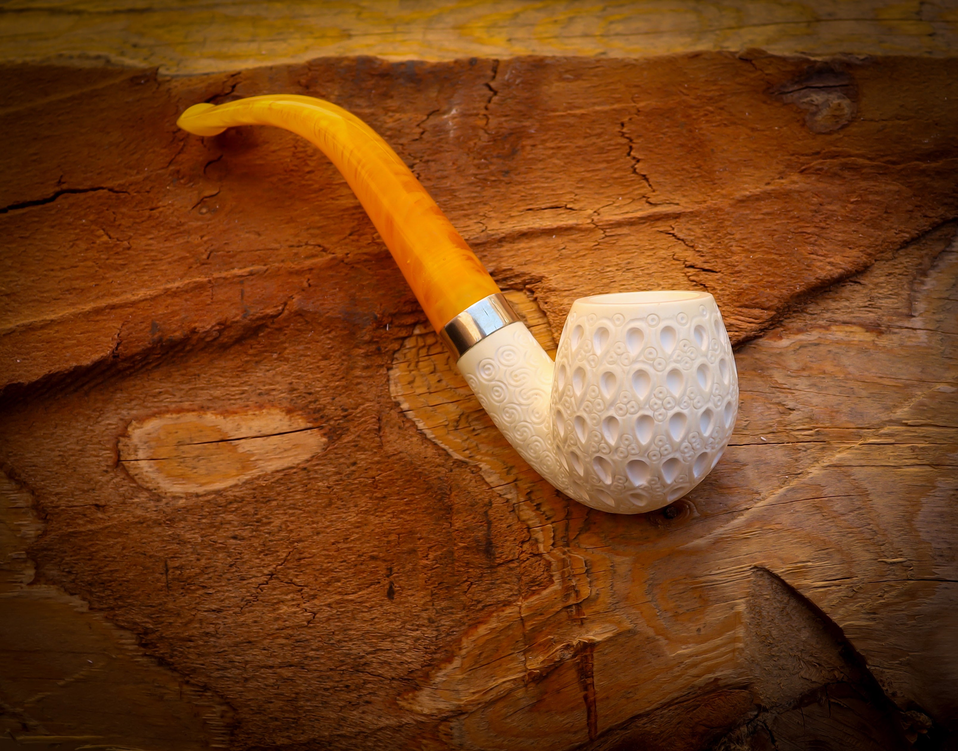 Apple Meerschaum, Silver Latticed Apple Meerschaum Pipe With Leathear Box- Astaş Meerschaum