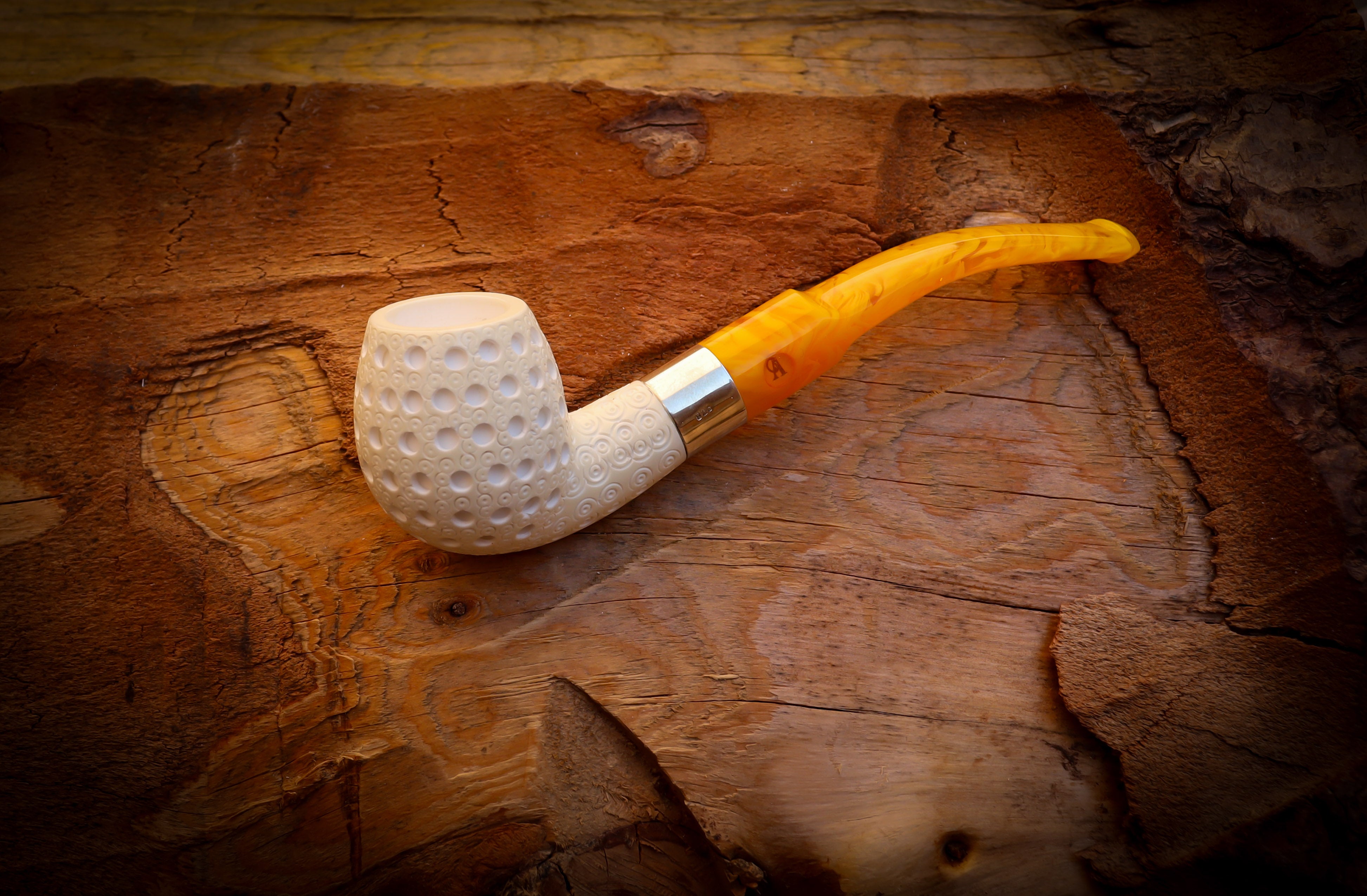 Apple Meerschaum, Silver Latticed Apple Meerschaum Pipe With Leathear Box- Astaş Meerschaum