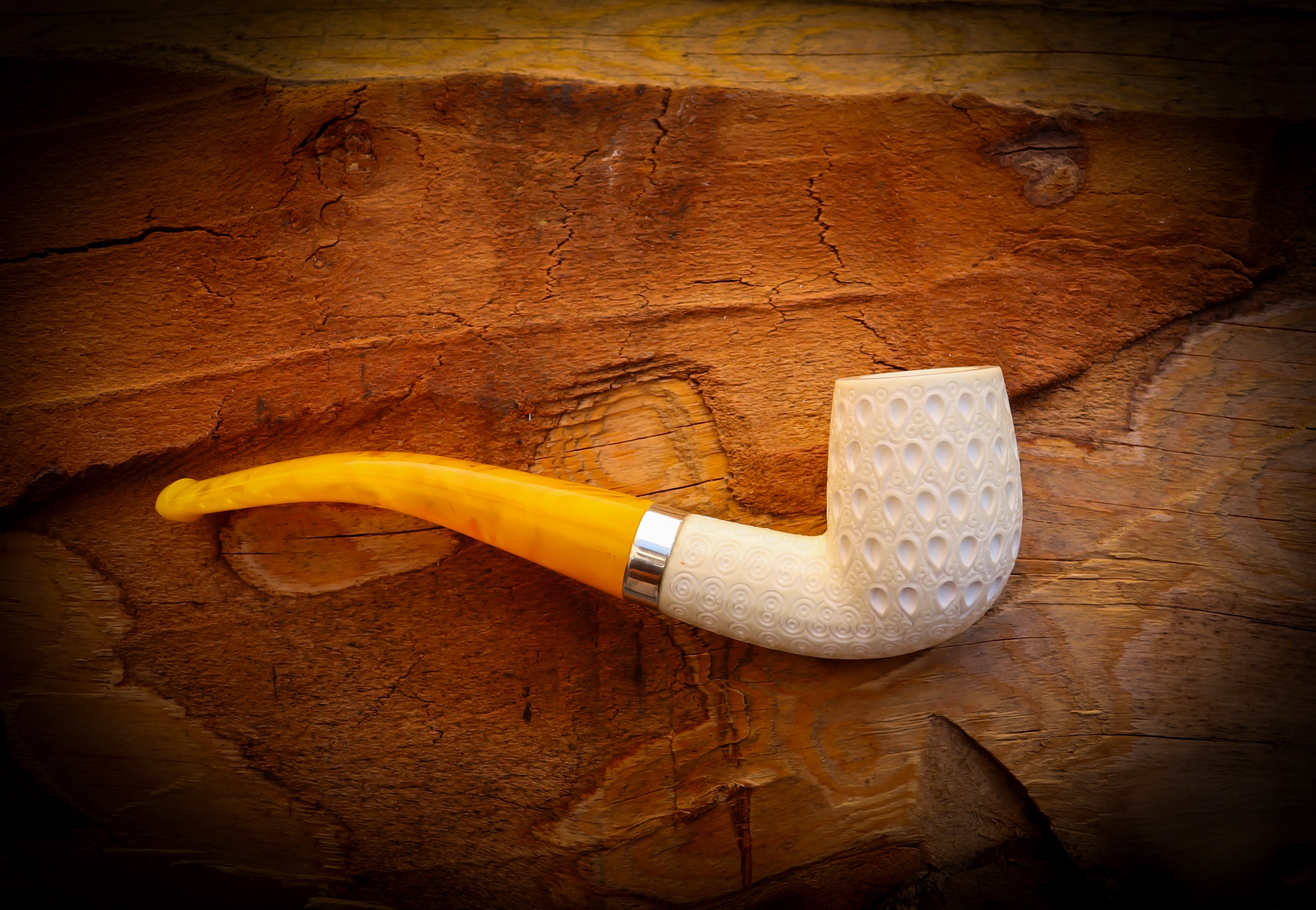 Silver Latticed Special Handmade Half Bent Meerschaum Pipe With Leather Box- Astaş Meerschaum