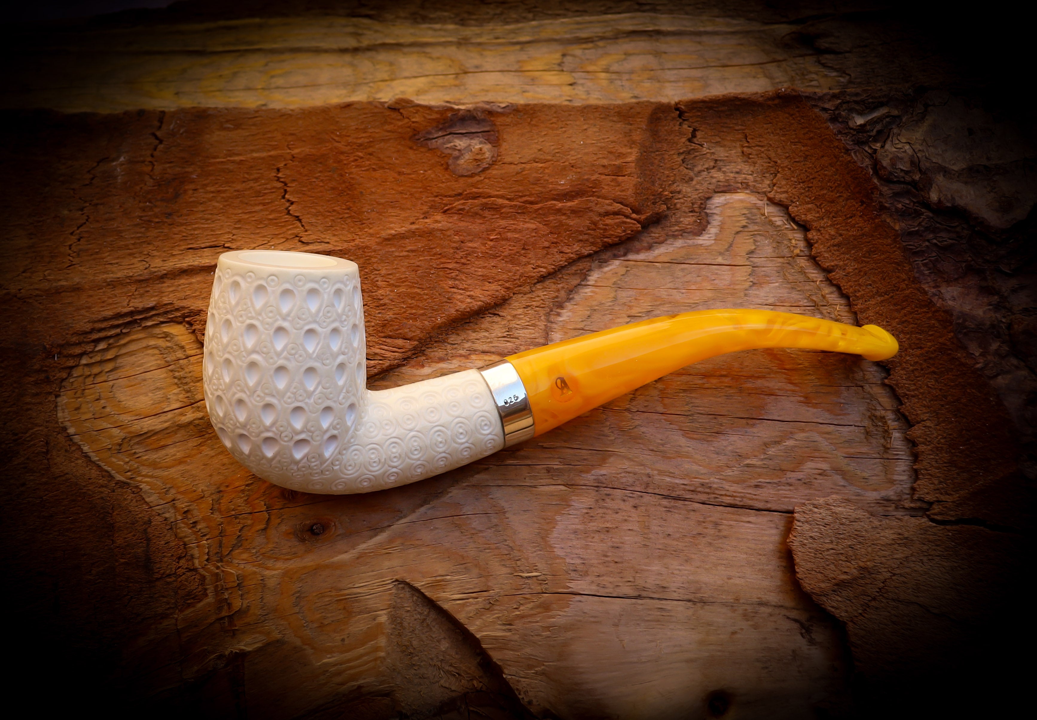 Silver Latticed Special Handmade Half Bent Meerschaum Pipe With Leather Box- Astaş Meerschaum
