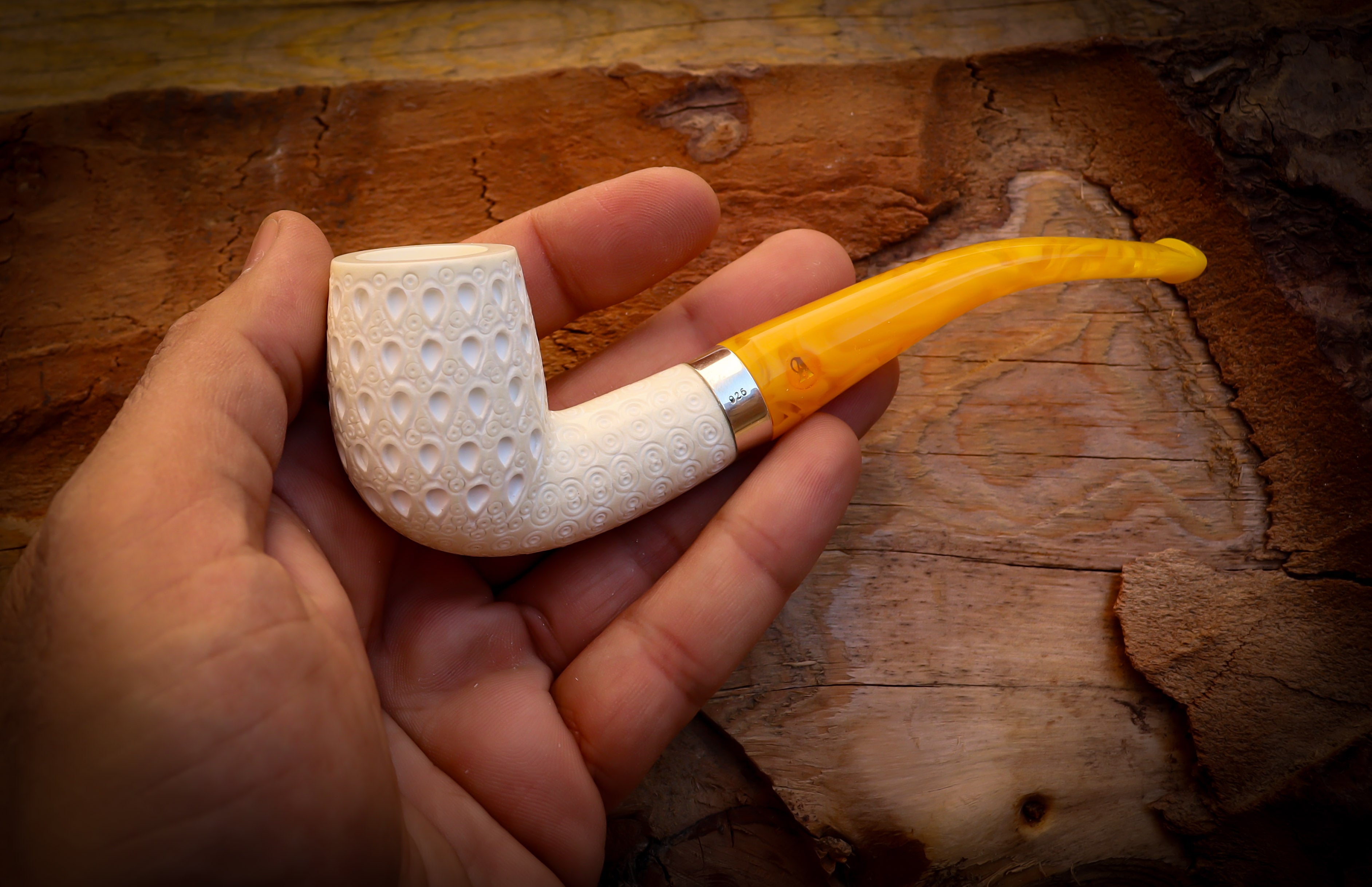 Silver Latticed Special Handmade Half Bent Meerschaum Pipe With Leather Box- Astaş Meerschaum
