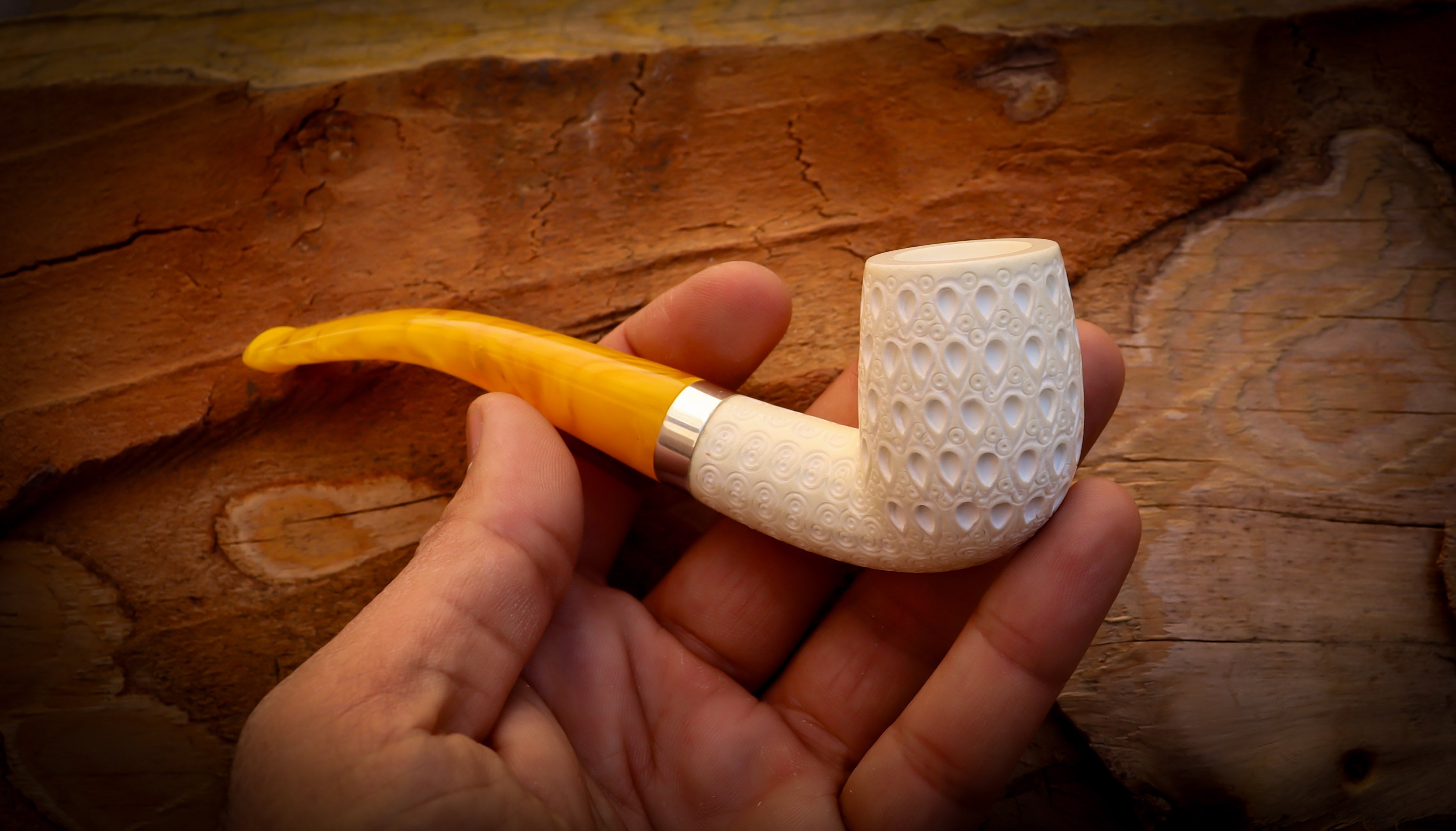 Silver Latticed Special Handmade Half Bent Meerschaum Pipe With Leather Box- Astaş Meerschaum