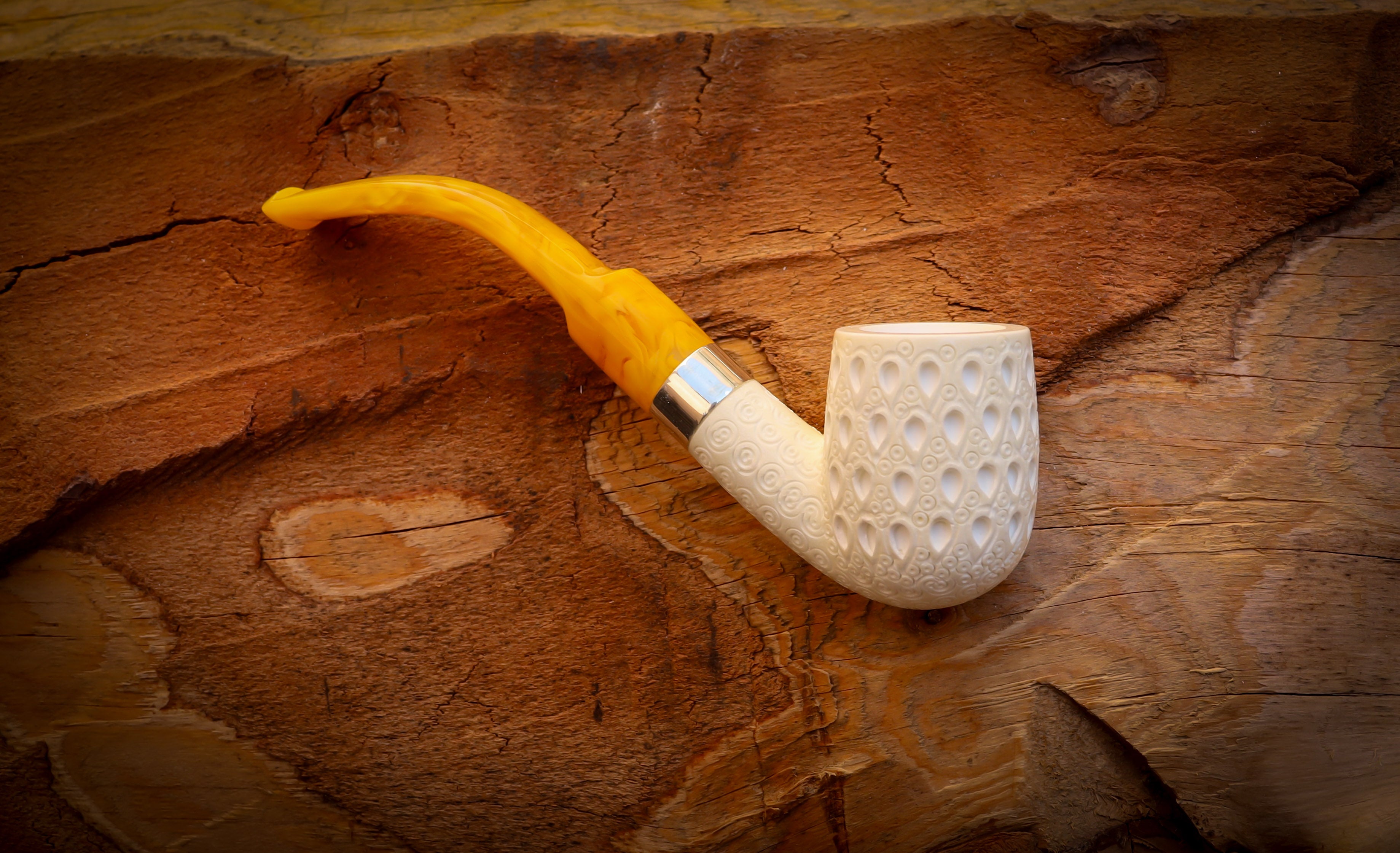 Silver Latticed Special Handmade Half Bent Meerschaum Pipe With Leather Box- Astaş Meerschaum