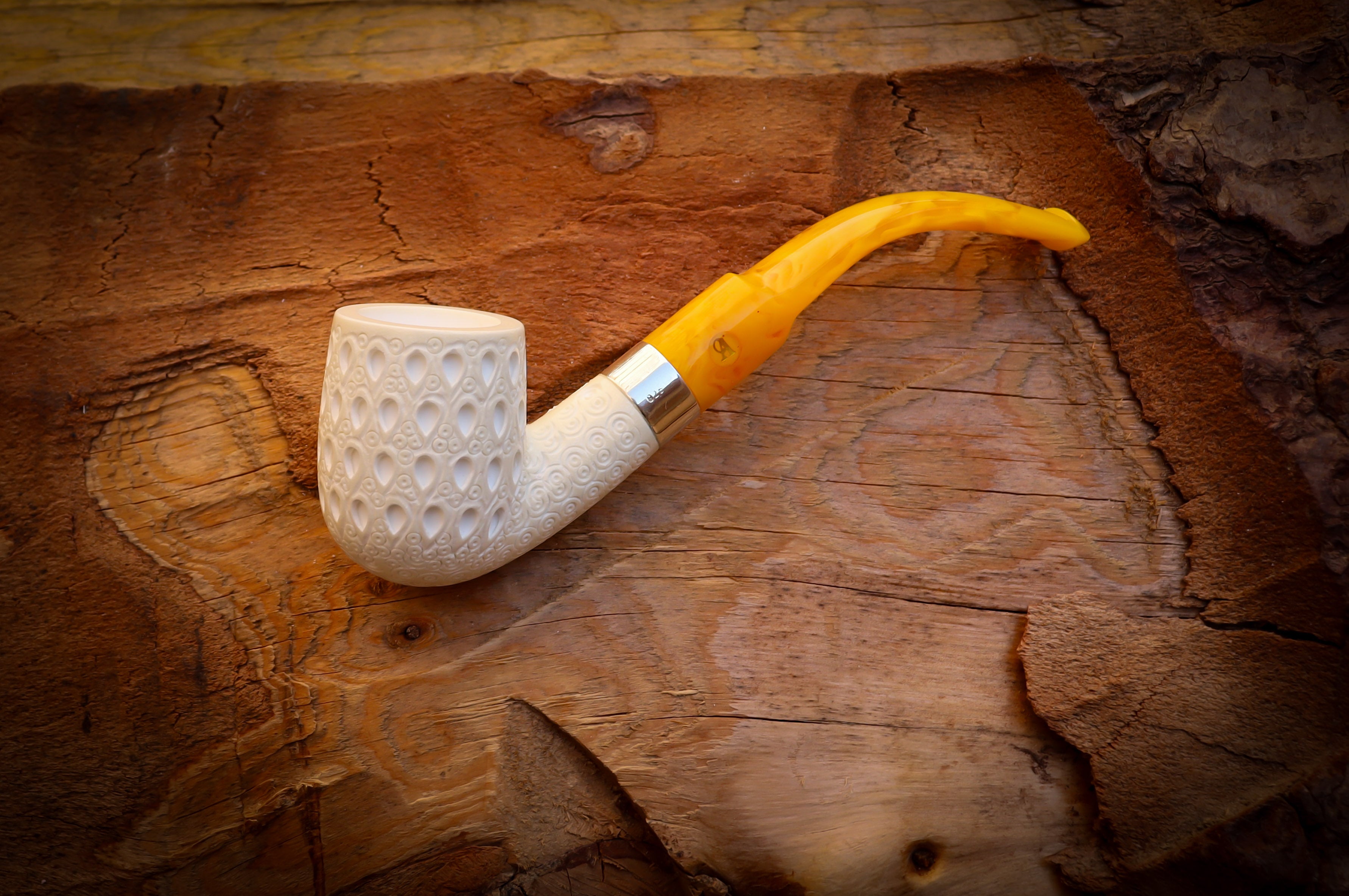 Silver Latticed Special Handmade Half Bent Meerschaum Pipe With Leather Box- Astaş Meerschaum