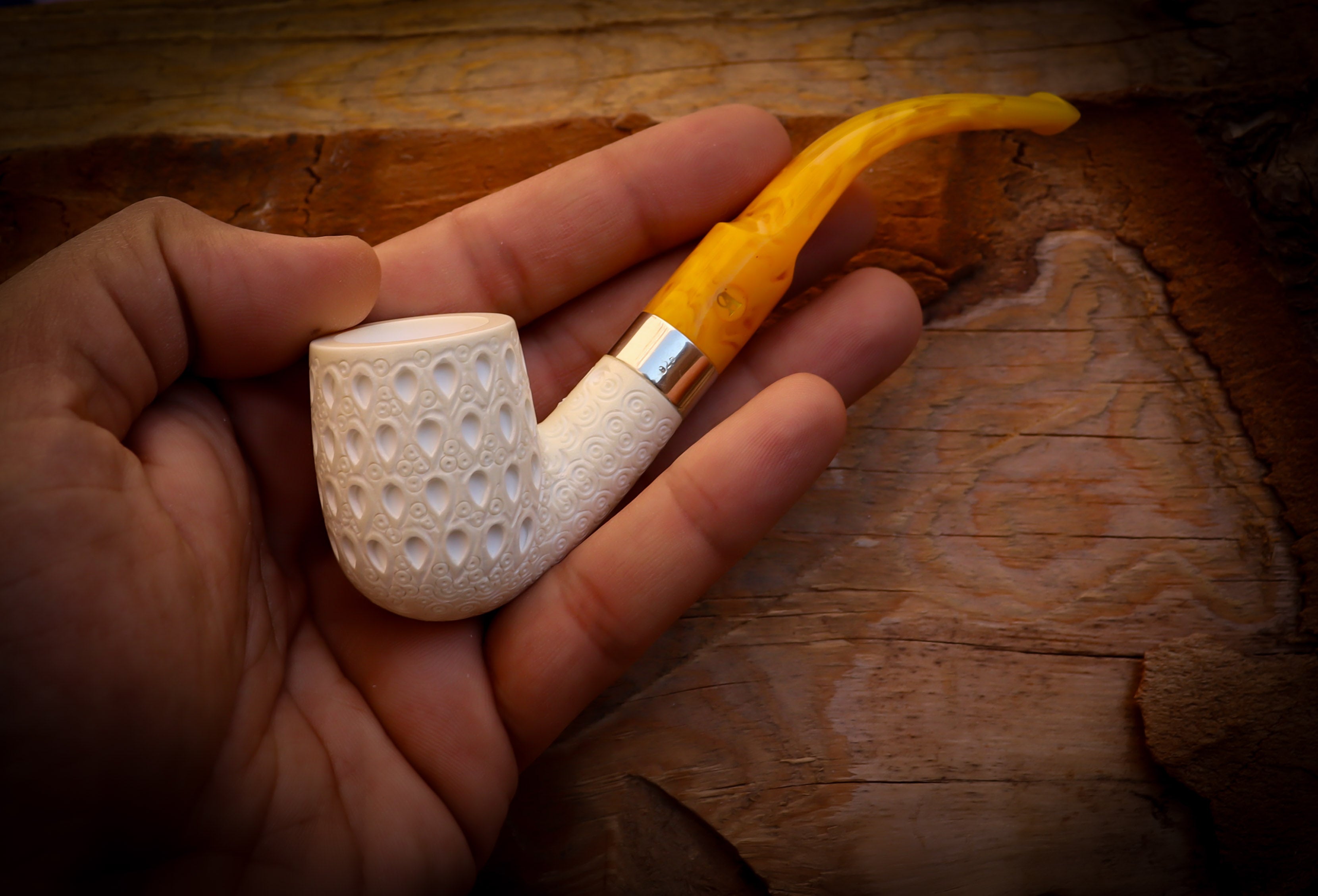 Silver Latticed Special Handmade Half Bent Meerschaum Pipe With Leather Box- Astaş Meerschaum