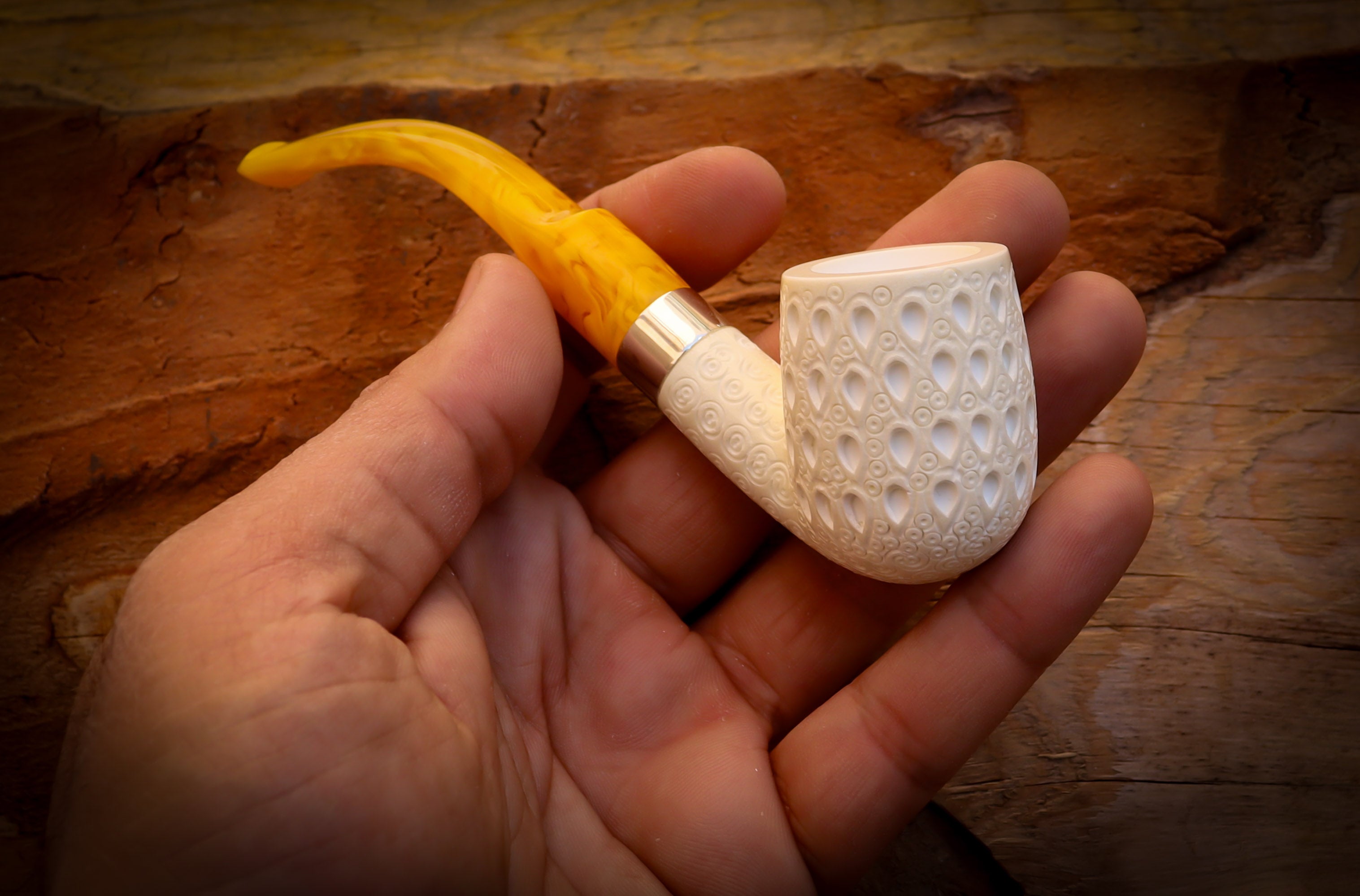 Silver Latticed Special Handmade Half Bent Meerschaum Pipe With Leather Box- Astaş Meerschaum