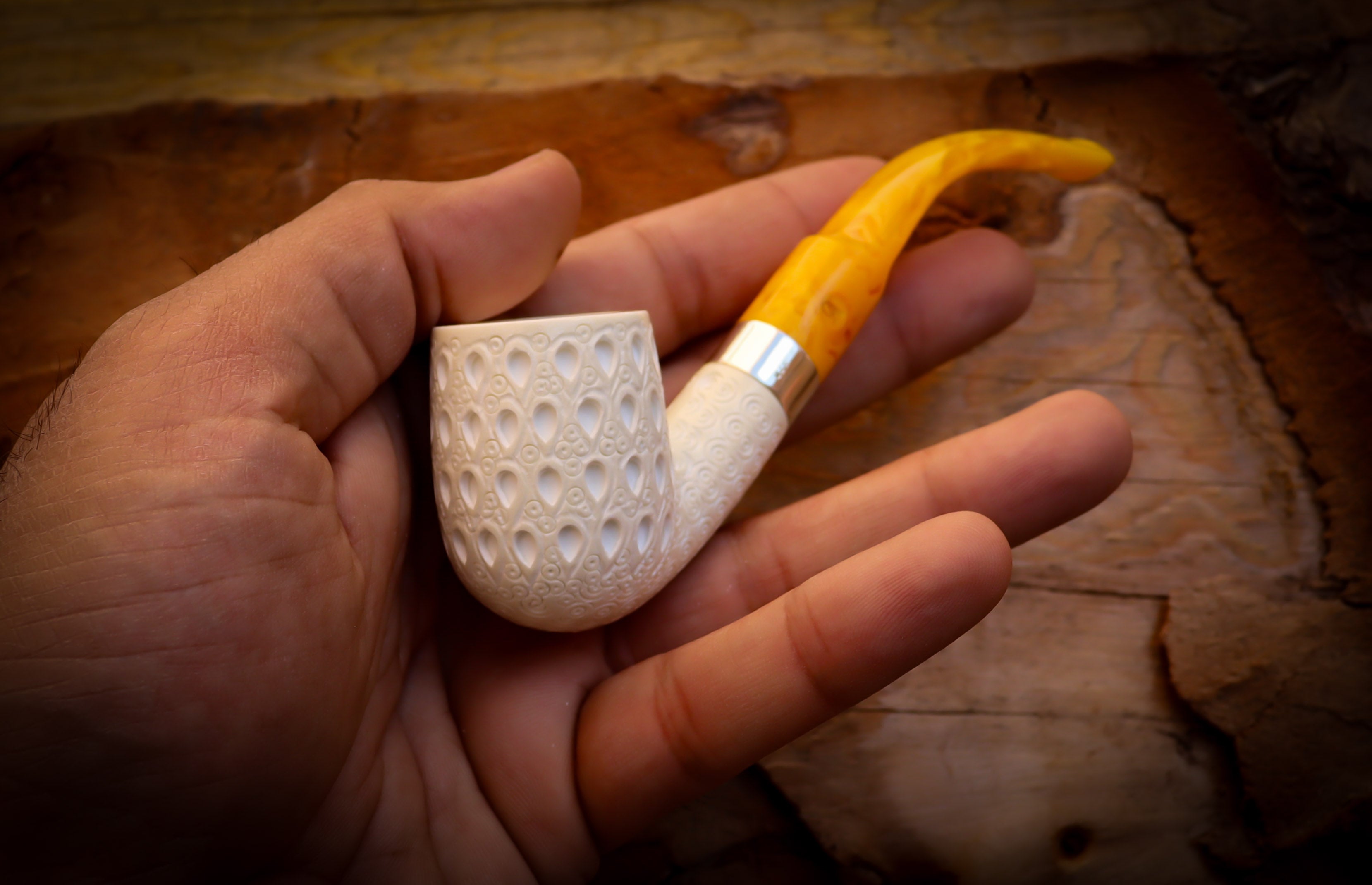 Silver Latticed Special Handmade Half Bent Meerschaum Pipe With Leather Box- Astaş Meerschaum