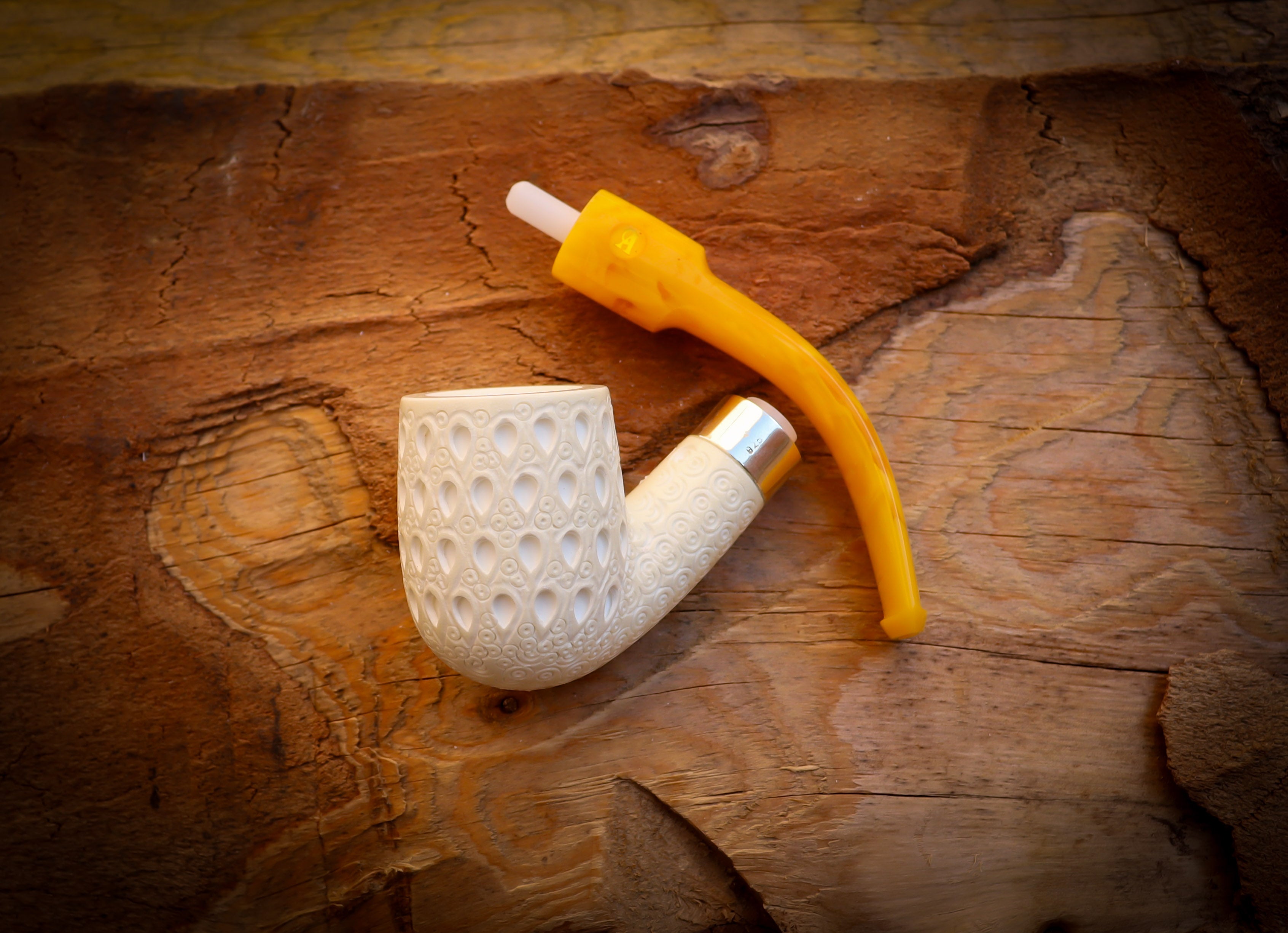 Silver Latticed Special Handmade Half Bent Meerschaum Pipe With Leather Box- Astaş Meerschaum