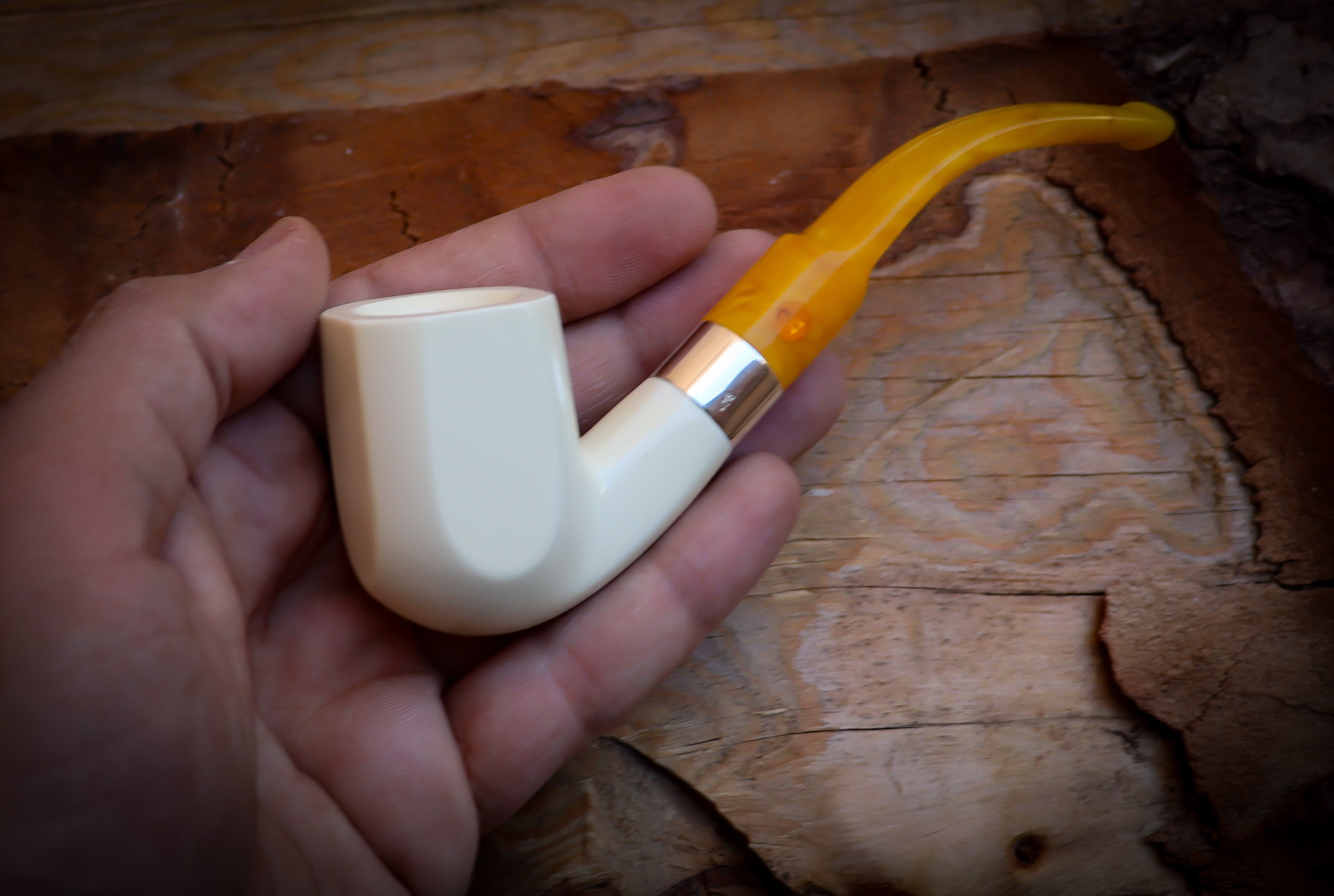 Silver Smooth Special Handmade Panel Meerschaum Pipe With Leather Box- Astaş Meerschaum