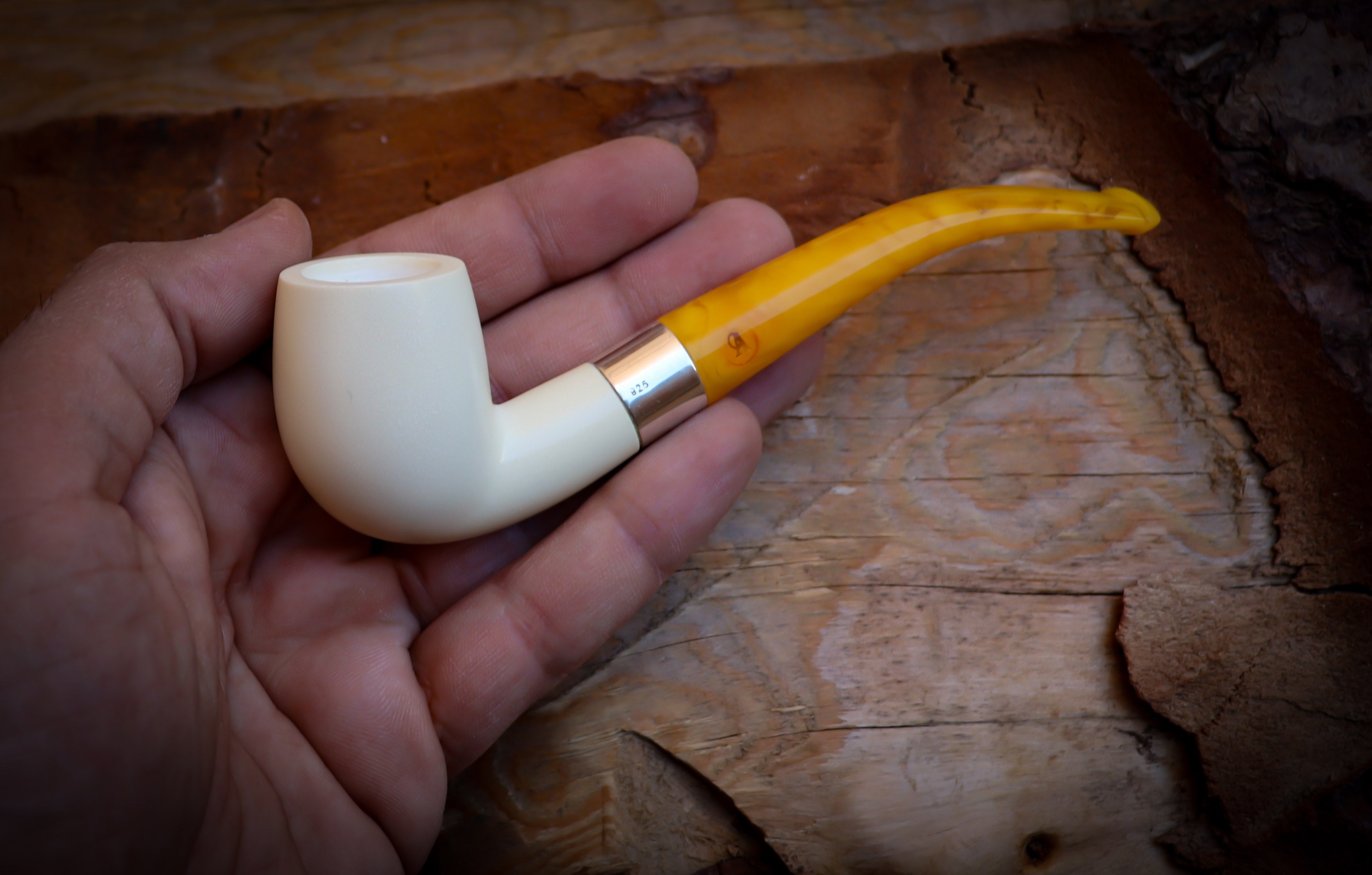 Silver Smooth Special Handmade Half Bent Meerschaum Pipe With Leather Box- Astaş Meerschaum