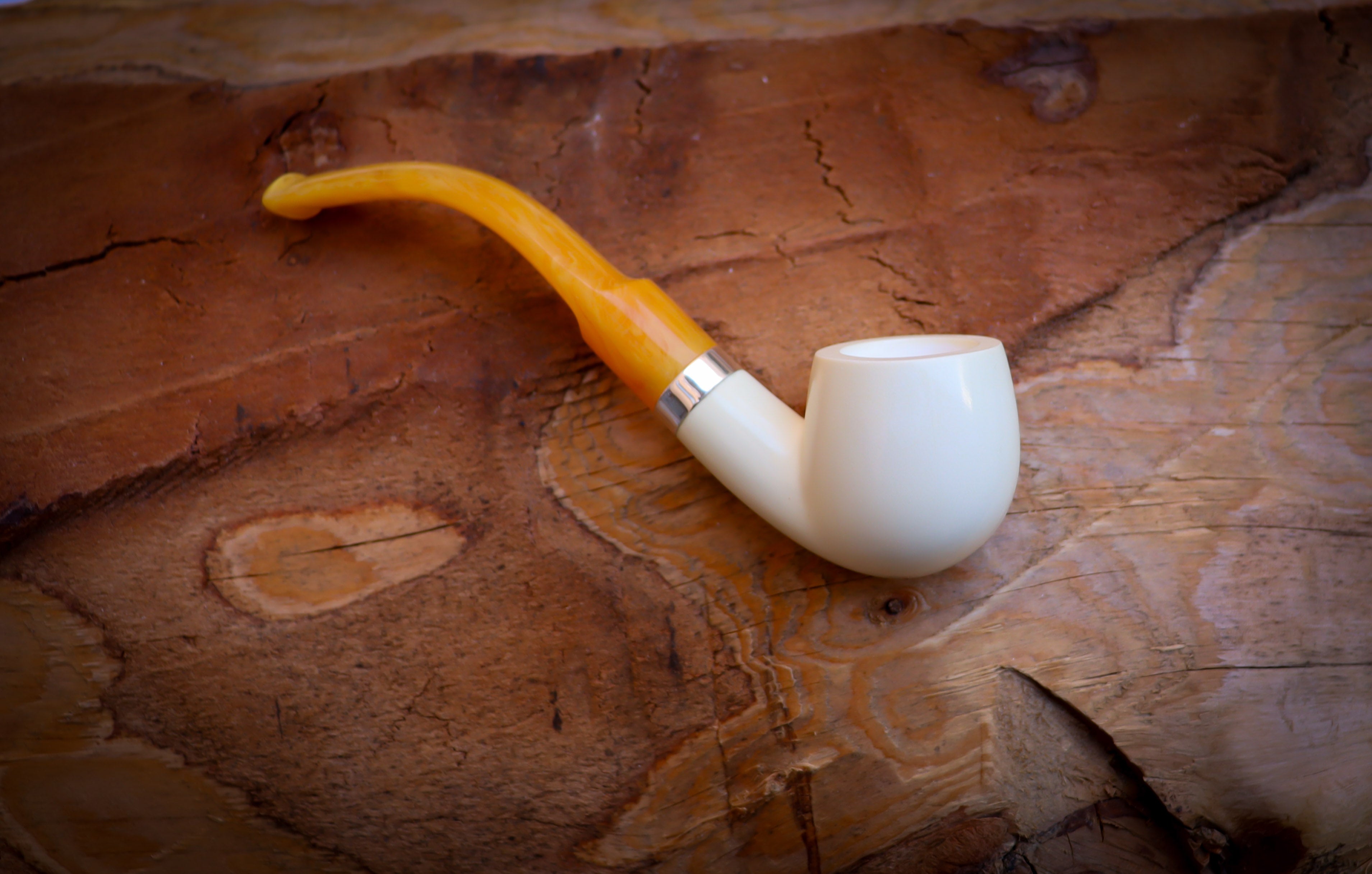 Silver Smooth Special Handmade Bent Meerschaum Pipe With Leather Box- Astaş Meerschaum