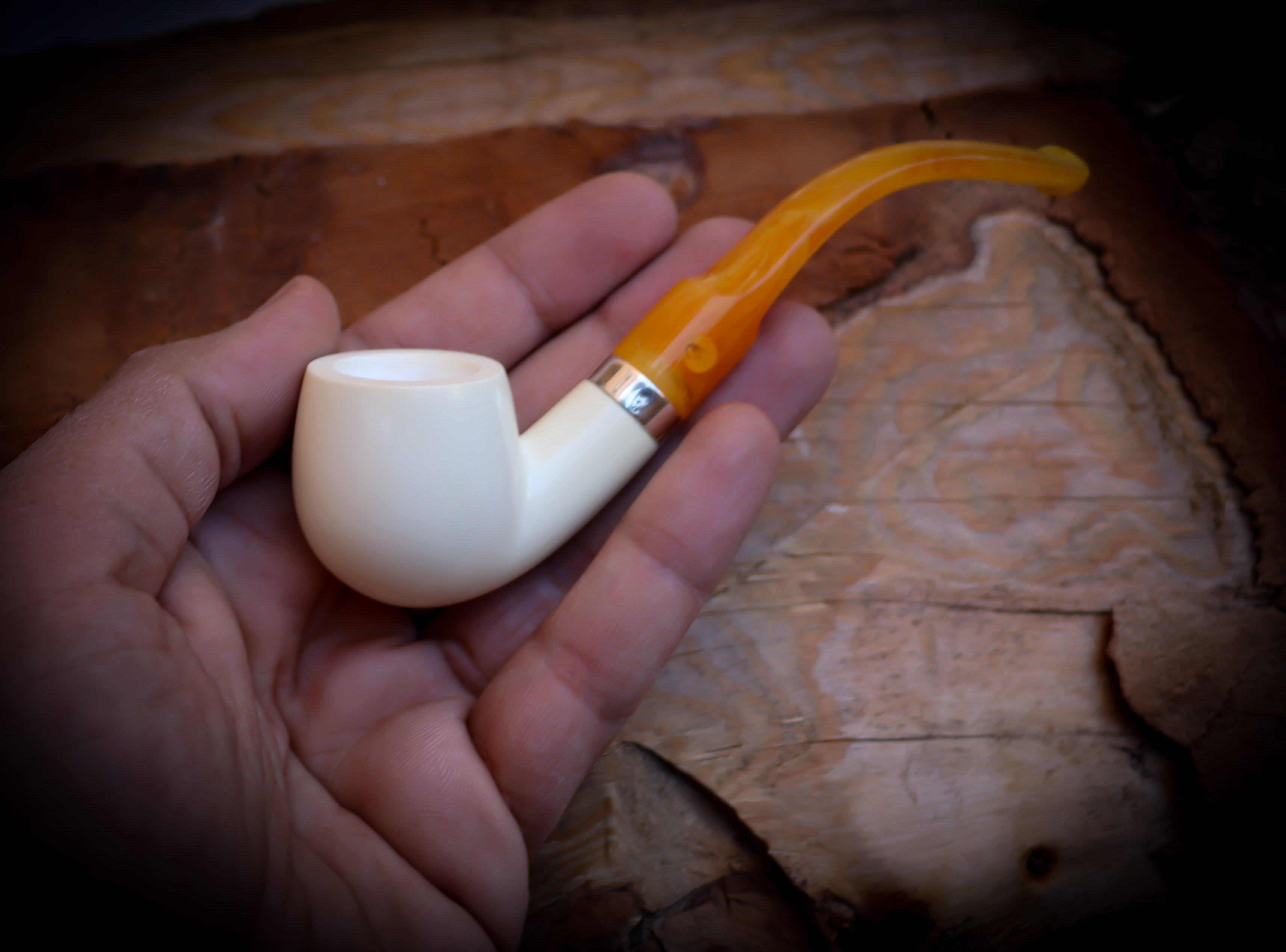 Silver Smooth Special Handmade Bent Meerschaum Pipe With Leather Box- Astaş Meerschaum