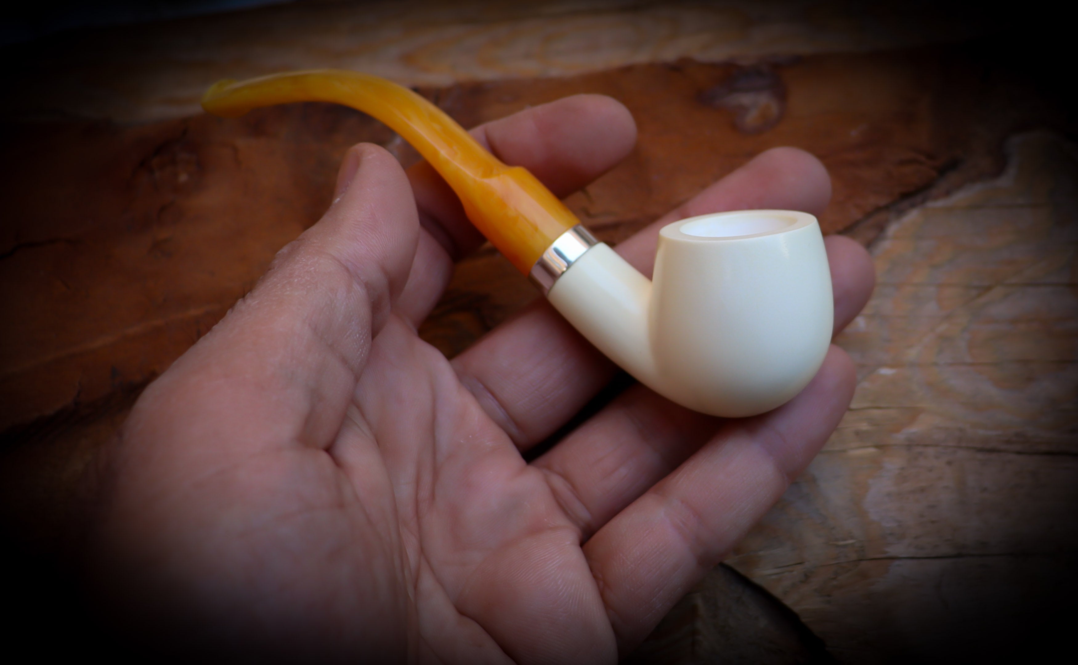 Silver Smooth Special Handmade Bent Meerschaum Pipe With Leather Box- Astaş Meerschaum