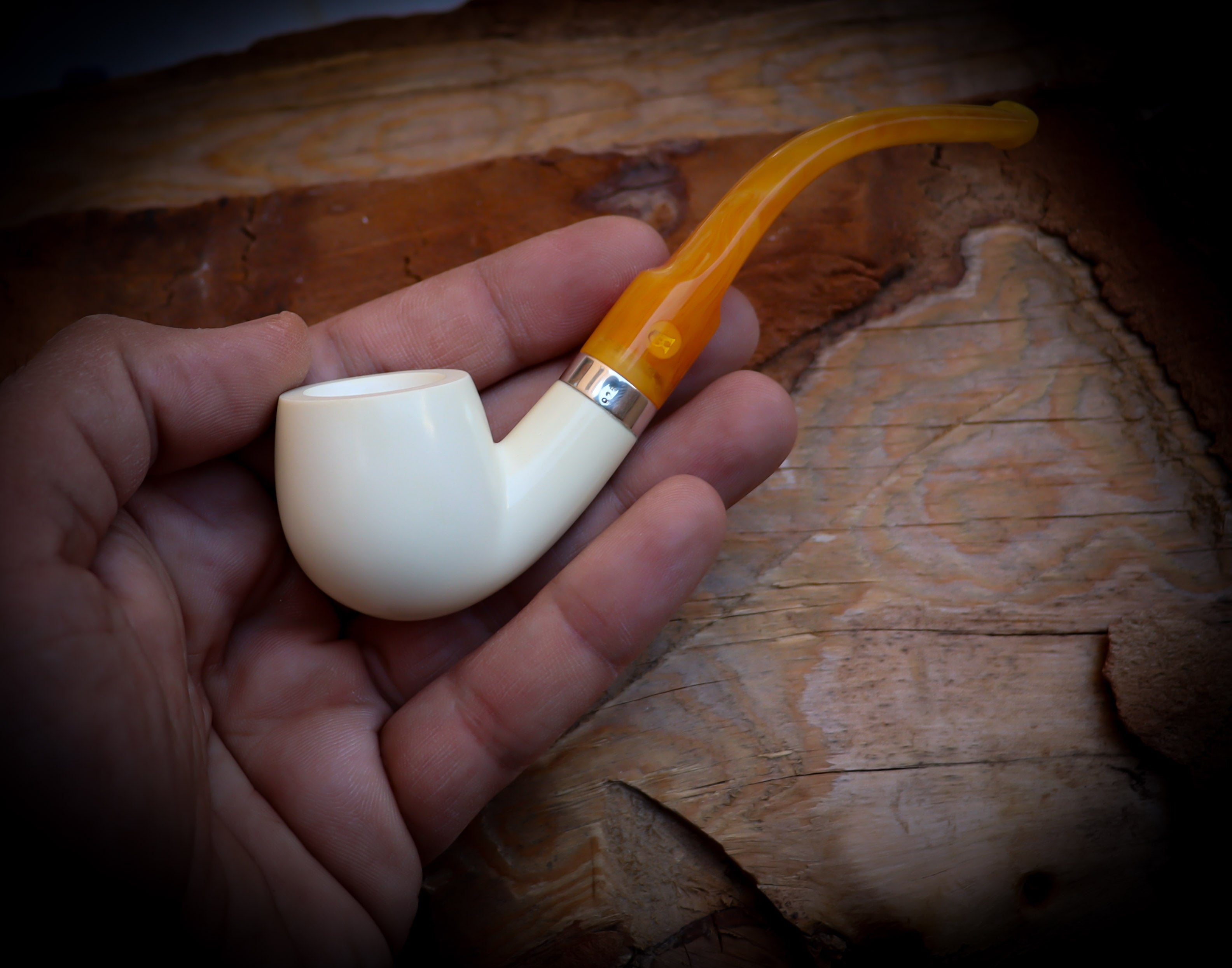 Silver Smooth Special Handmade Bent Meerschaum Pipe With Leather Box- Astaş Meerschaum