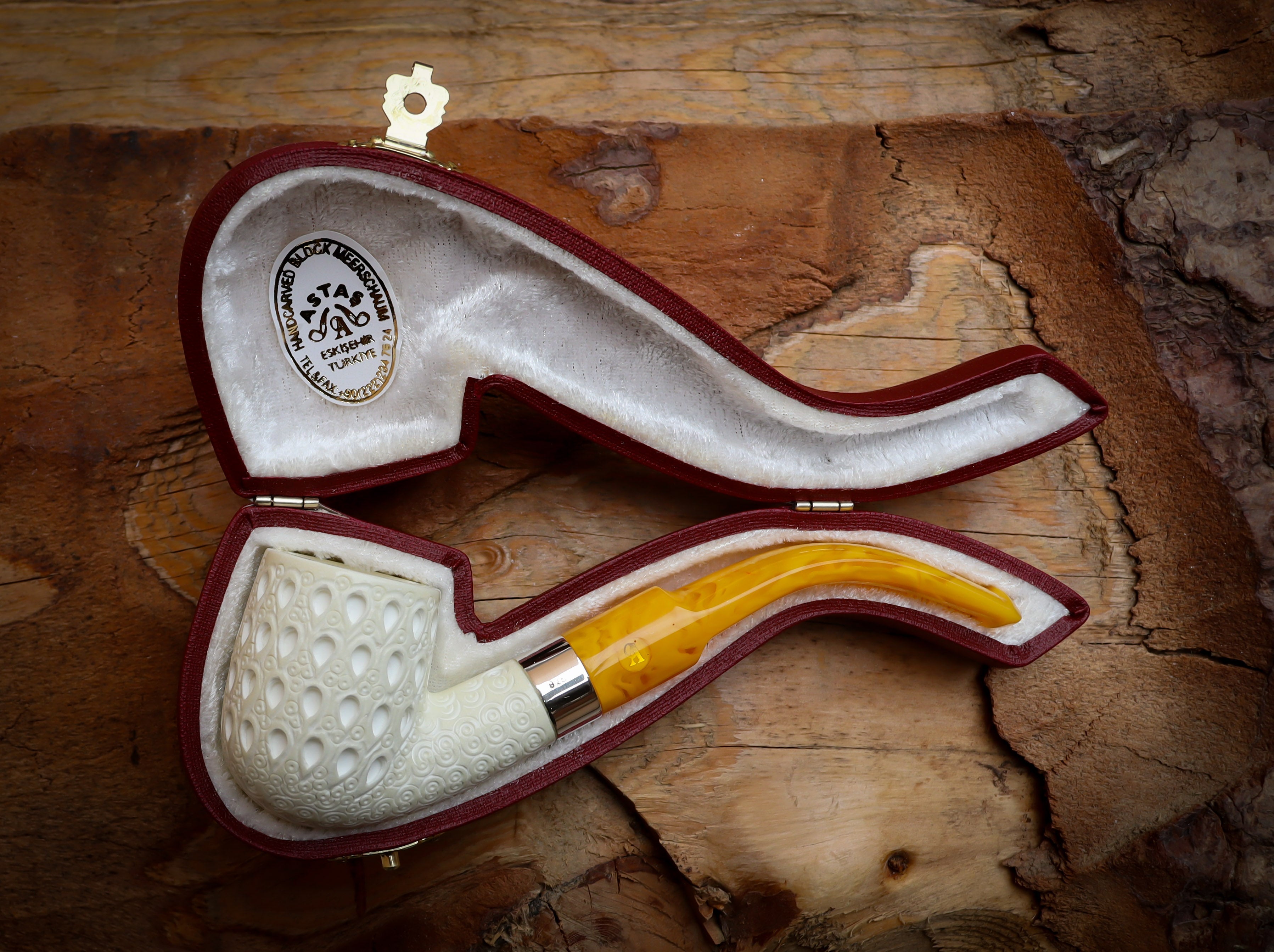 Silver Latticed Special Handmade Half Bent Meerschaum Pipe With Leather Box- Astaş Meerschaum
