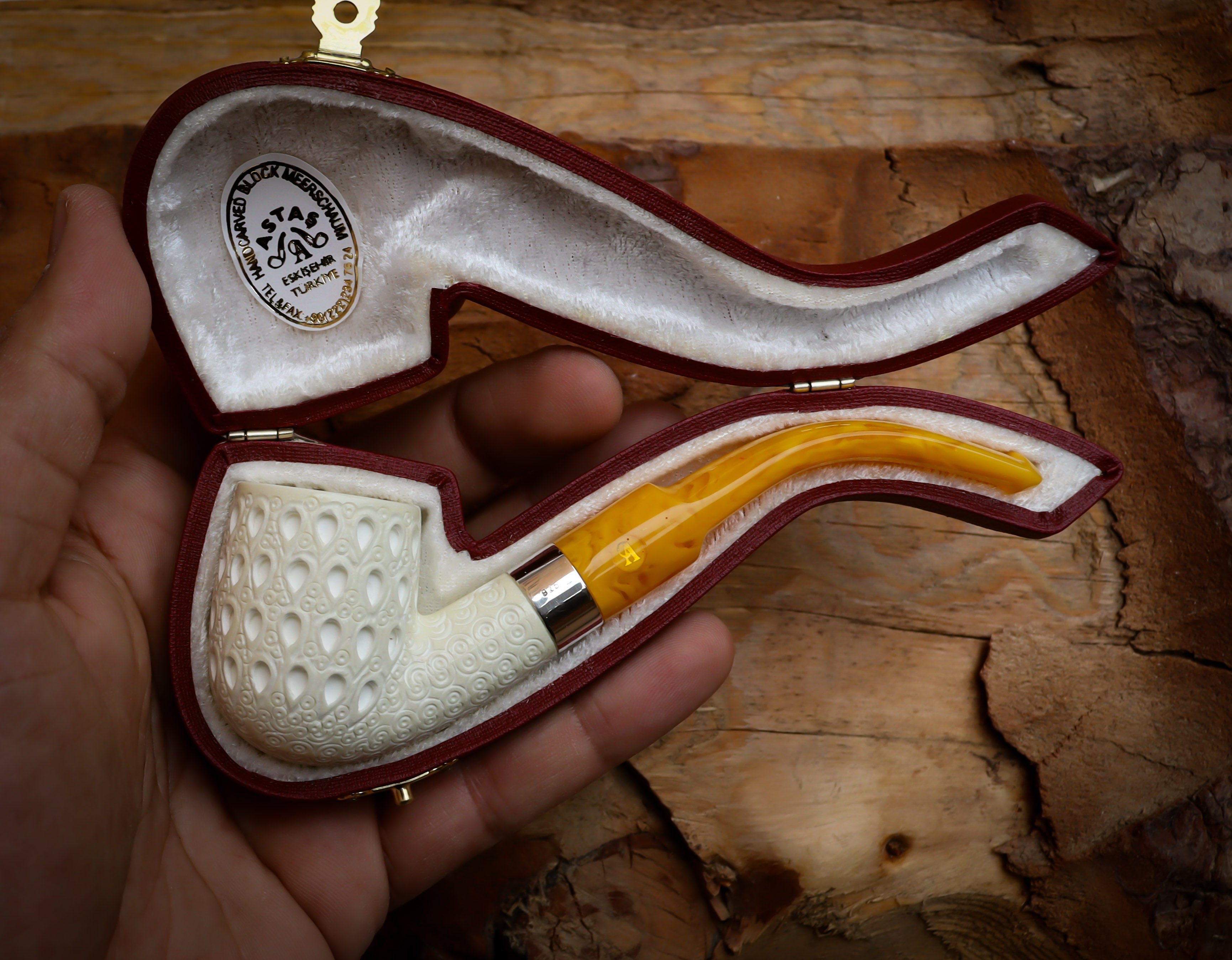 Silver Latticed Special Handmade Half Bent Meerschaum Pipe With Leather Box- Astaş Meerschaum