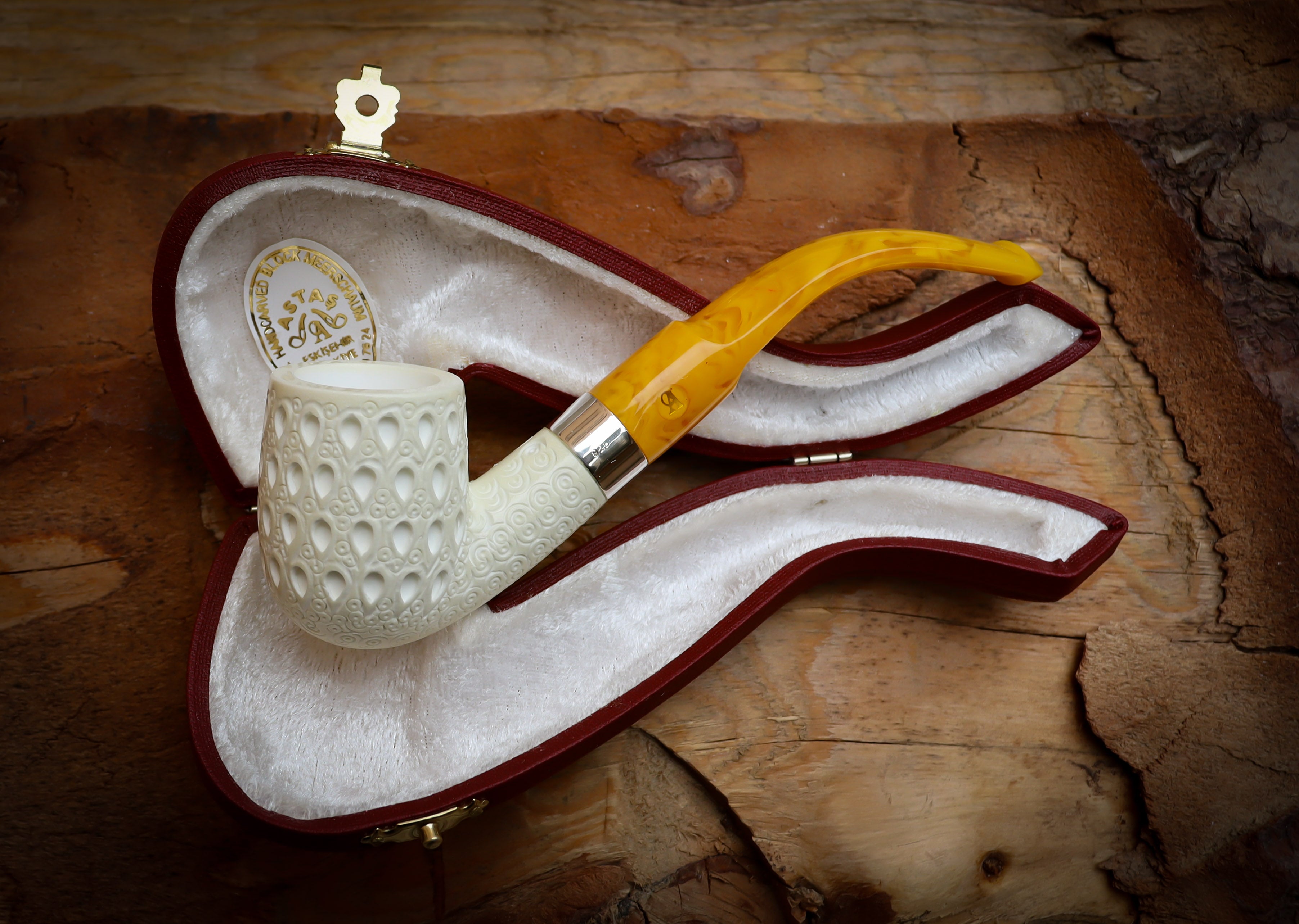 Silver Latticed Special Handmade Half Bent Meerschaum Pipe With Leather Box- Astaş Meerschaum