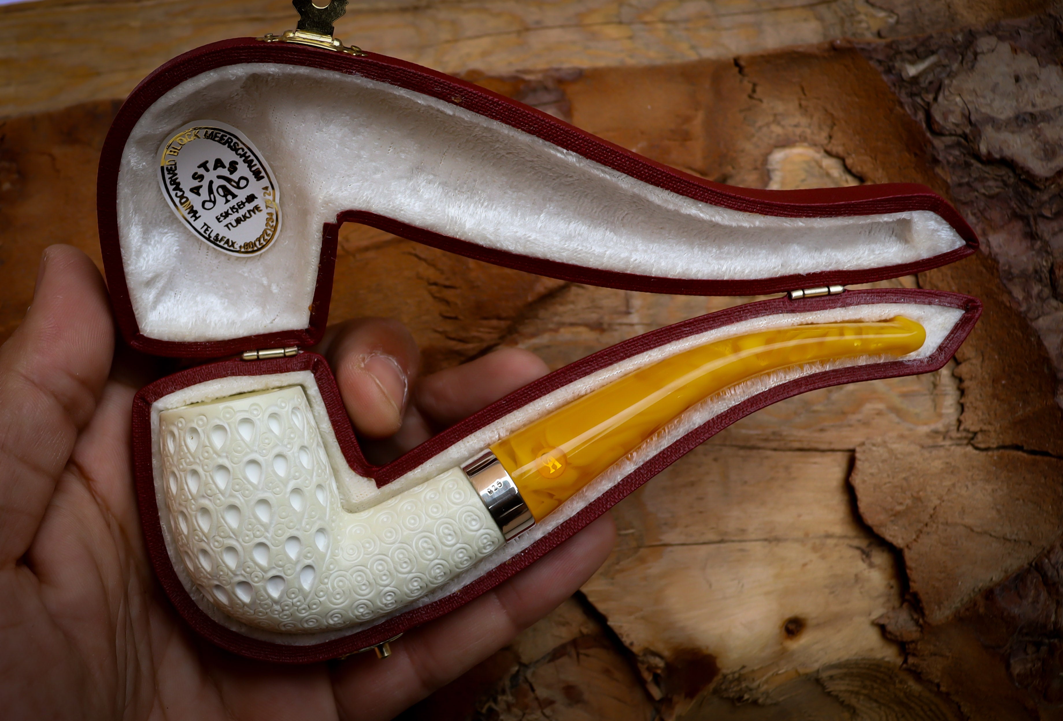 Silver Latticed Special Handmade Half Bent Meerschaum Pipe With Leather Box- Astaş Meerschaum