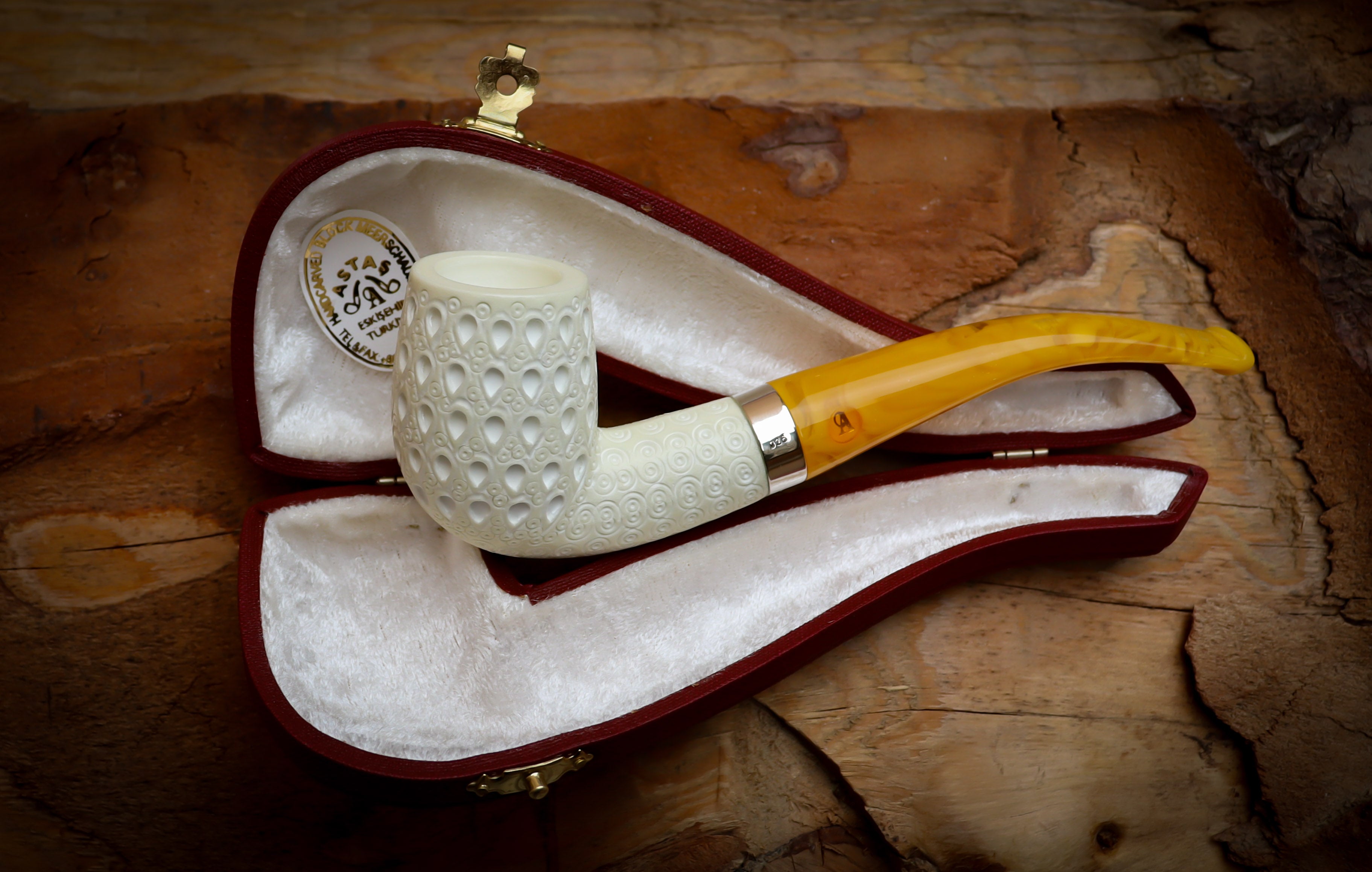 Silver Latticed Special Handmade Half Bent Meerschaum Pipe With Leather Box- Astaş Meerschaum