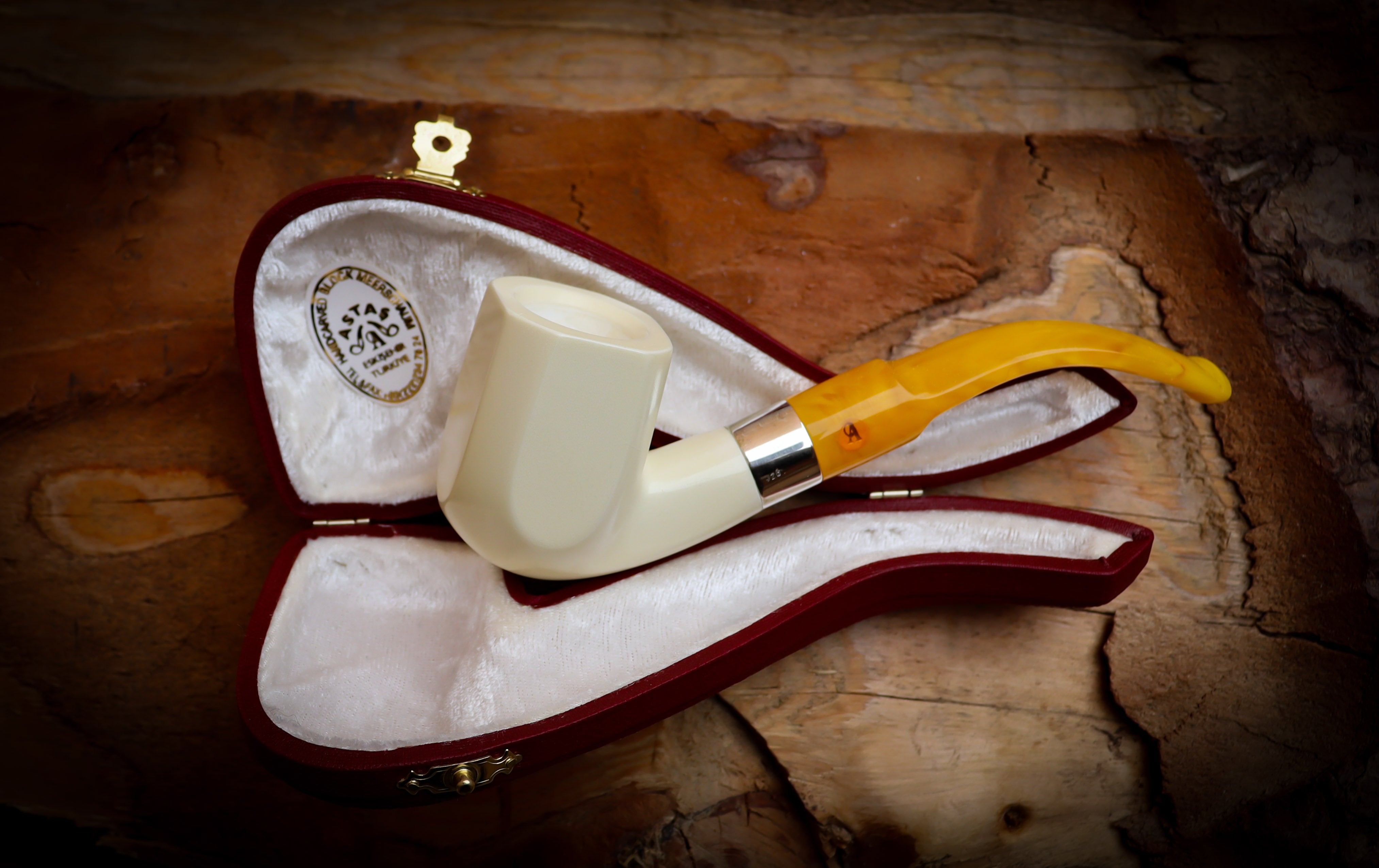 Silver Smooth Special Handmade Panel Meerschaum Pipe With Leather Box- Astaş Meerschaum