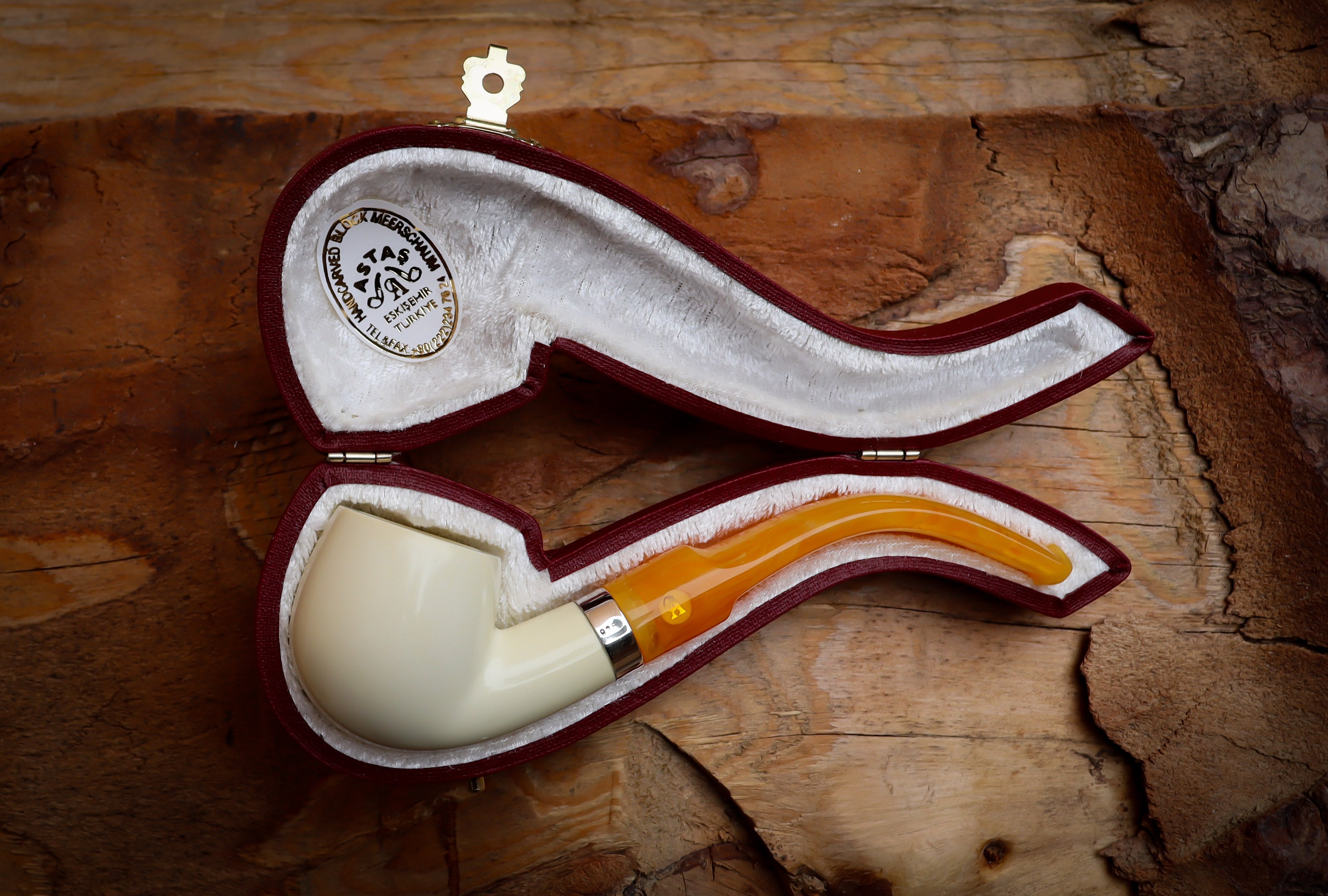 Silver Smooth Special Handmade Bent Meerschaum Pipe With Leather Box- Astaş Meerschaum