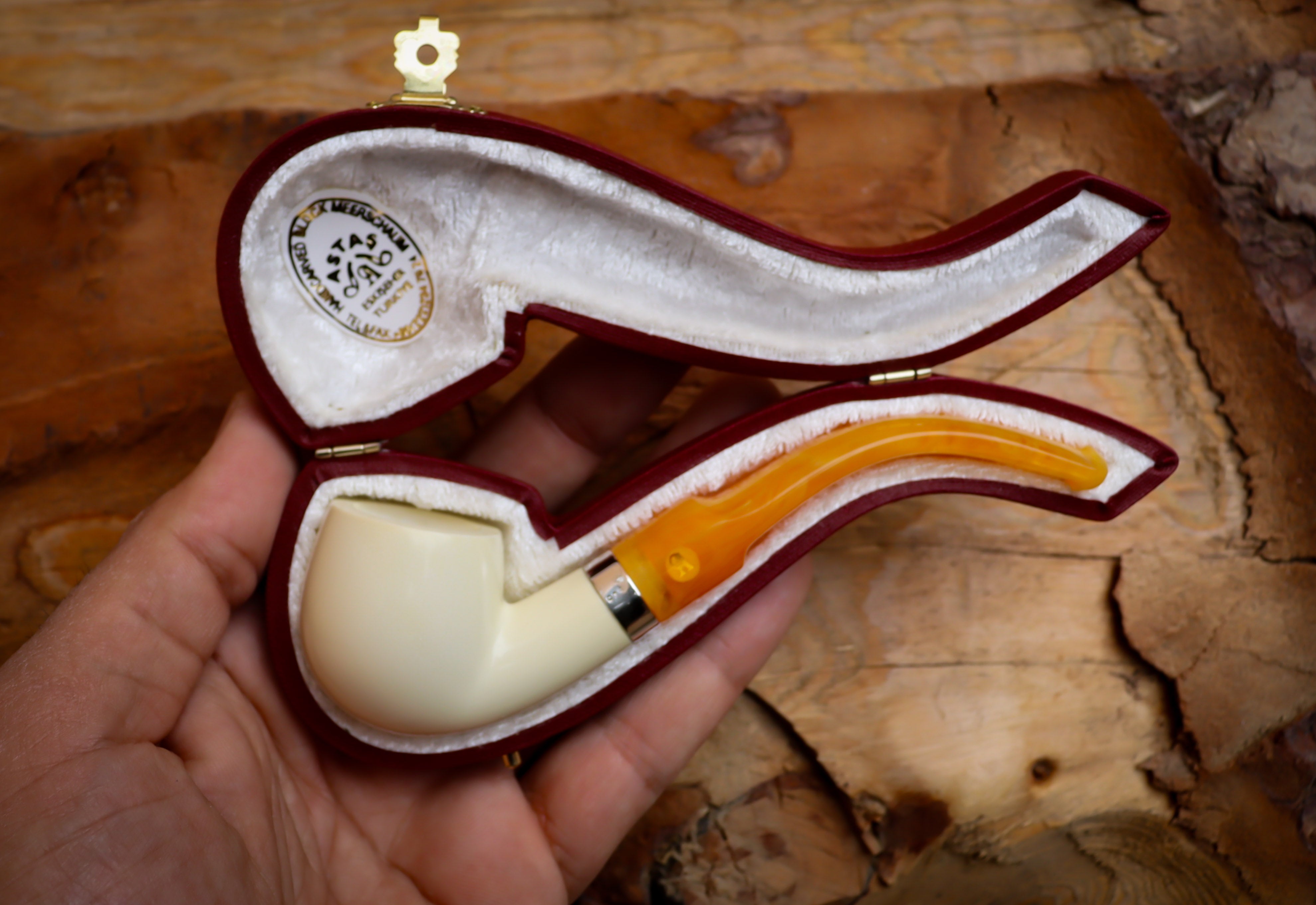 Silver Smooth Special Handmade Bent Meerschaum Pipe With Leather Box- Astaş Meerschaum