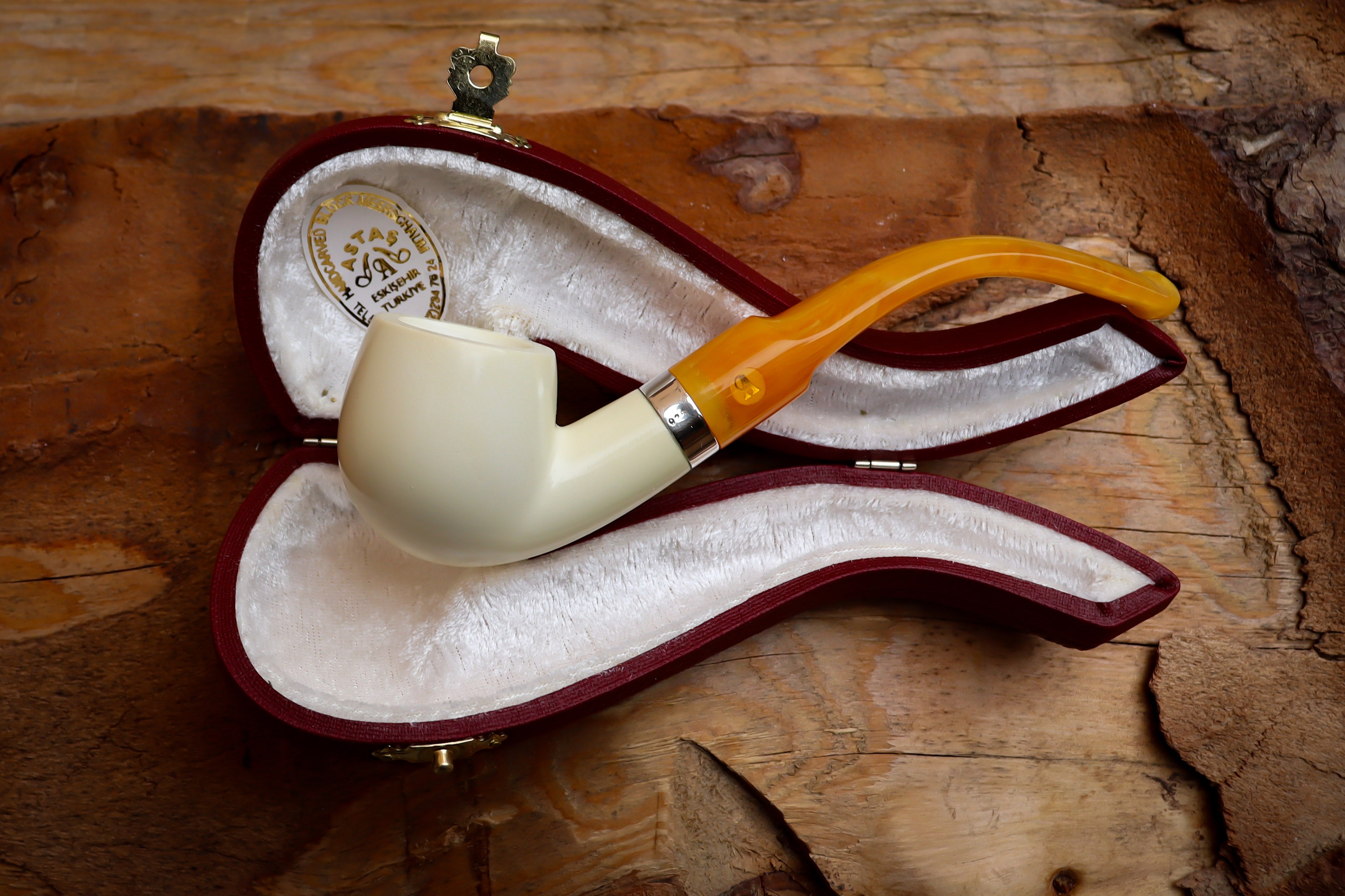 Silver Smooth Special Handmade Bent Meerschaum Pipe With Leather Box- Astaş Meerschaum
