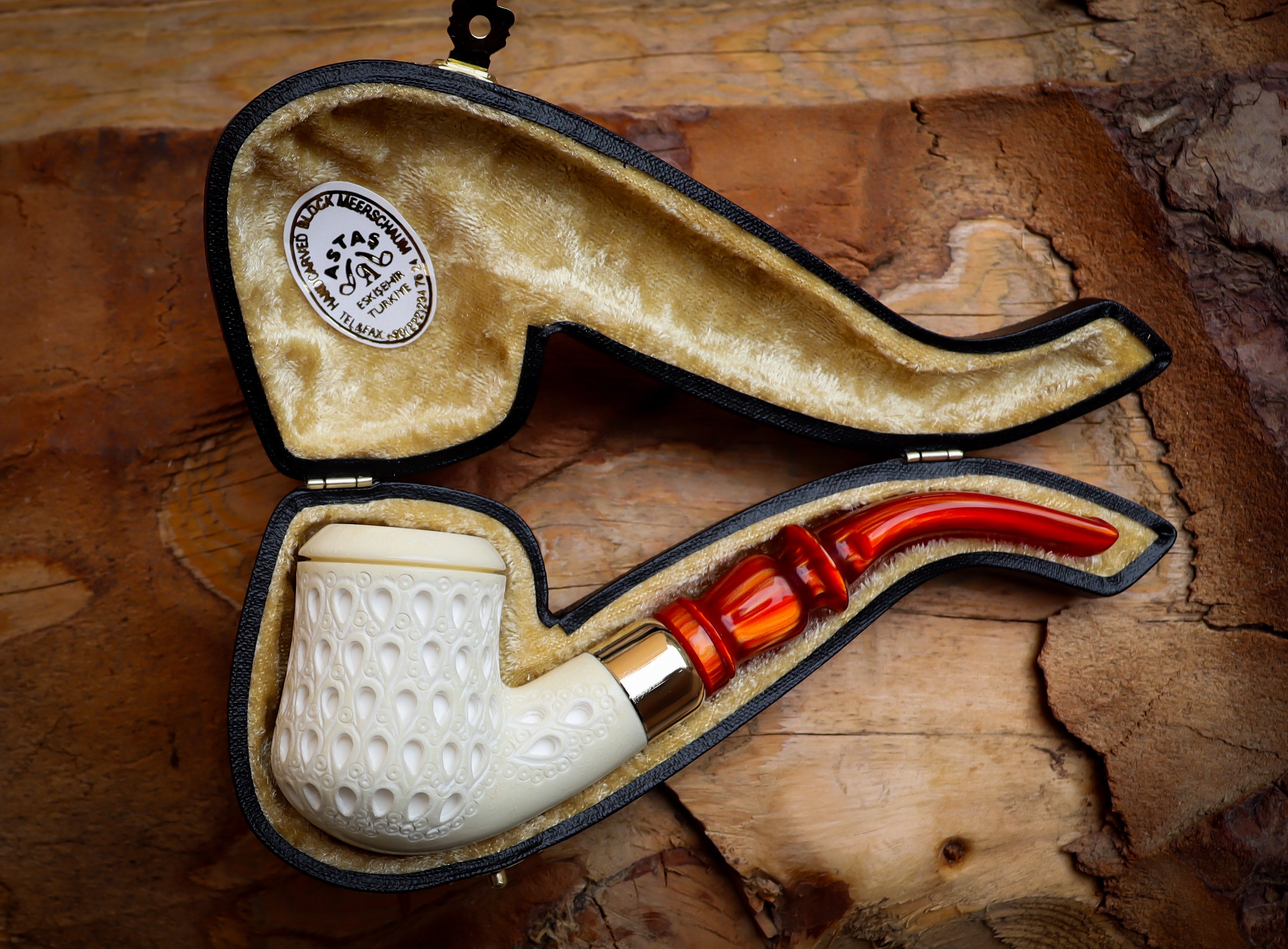 Embriodered Special Handmade Freehand Meerschaum Pipe With Leather Box- Astaş Meerschaum