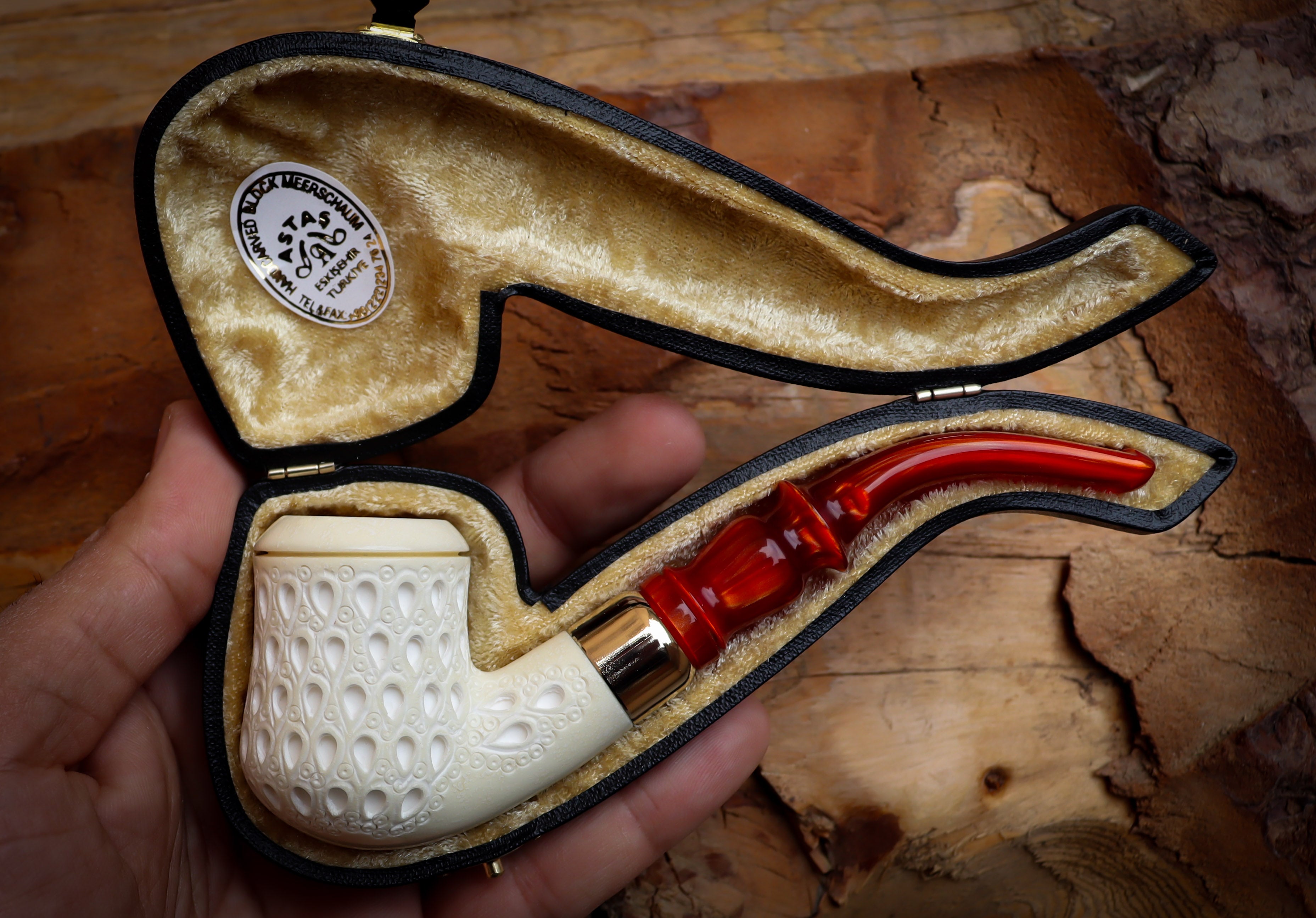 Embriodered Special Handmade Freehand Meerschaum Pipe With Leather Box- Astaş Meerschaum