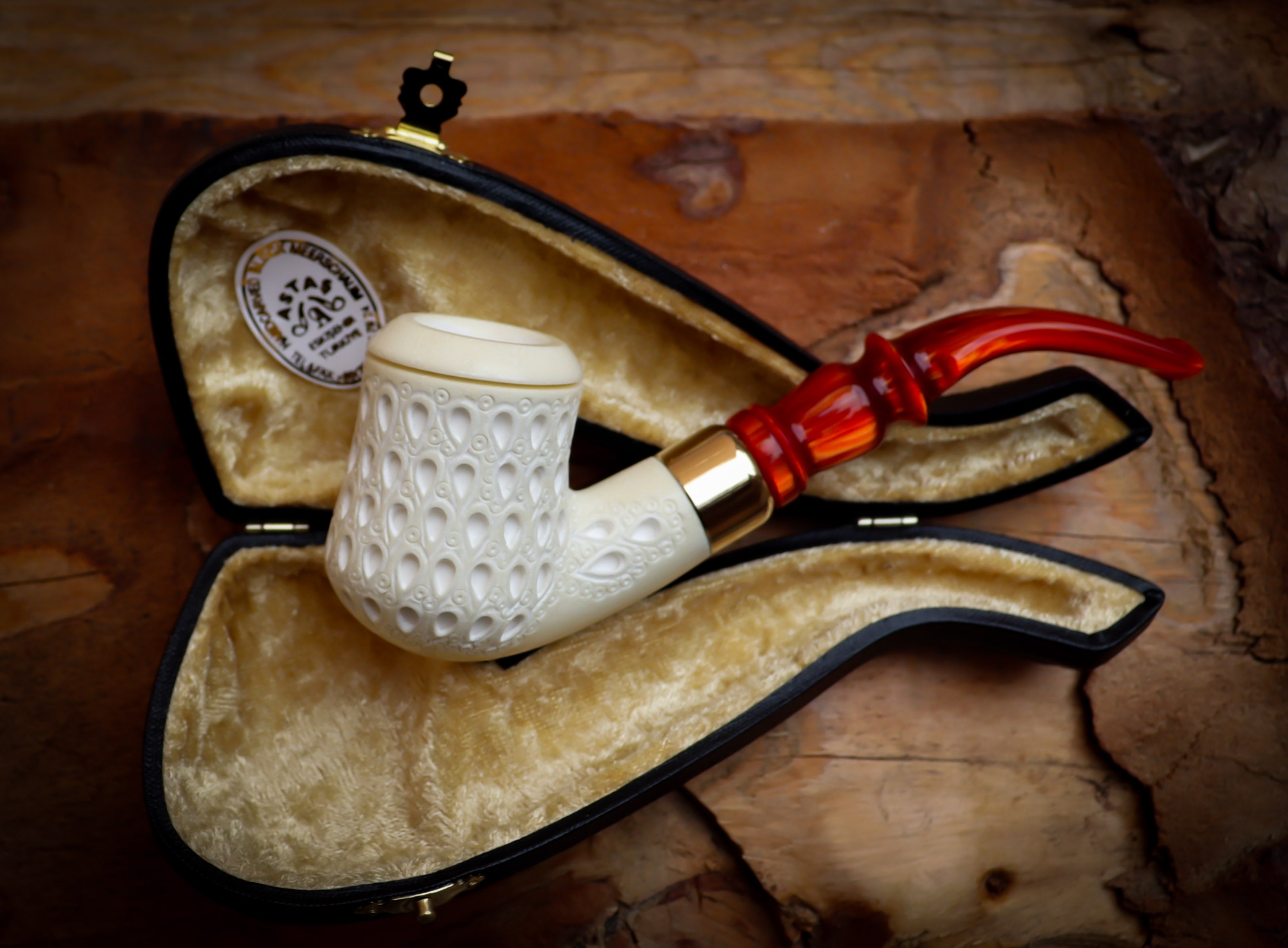 Embriodered Special Handmade Freehand Meerschaum Pipe With Leather Box- Astaş Meerschaum