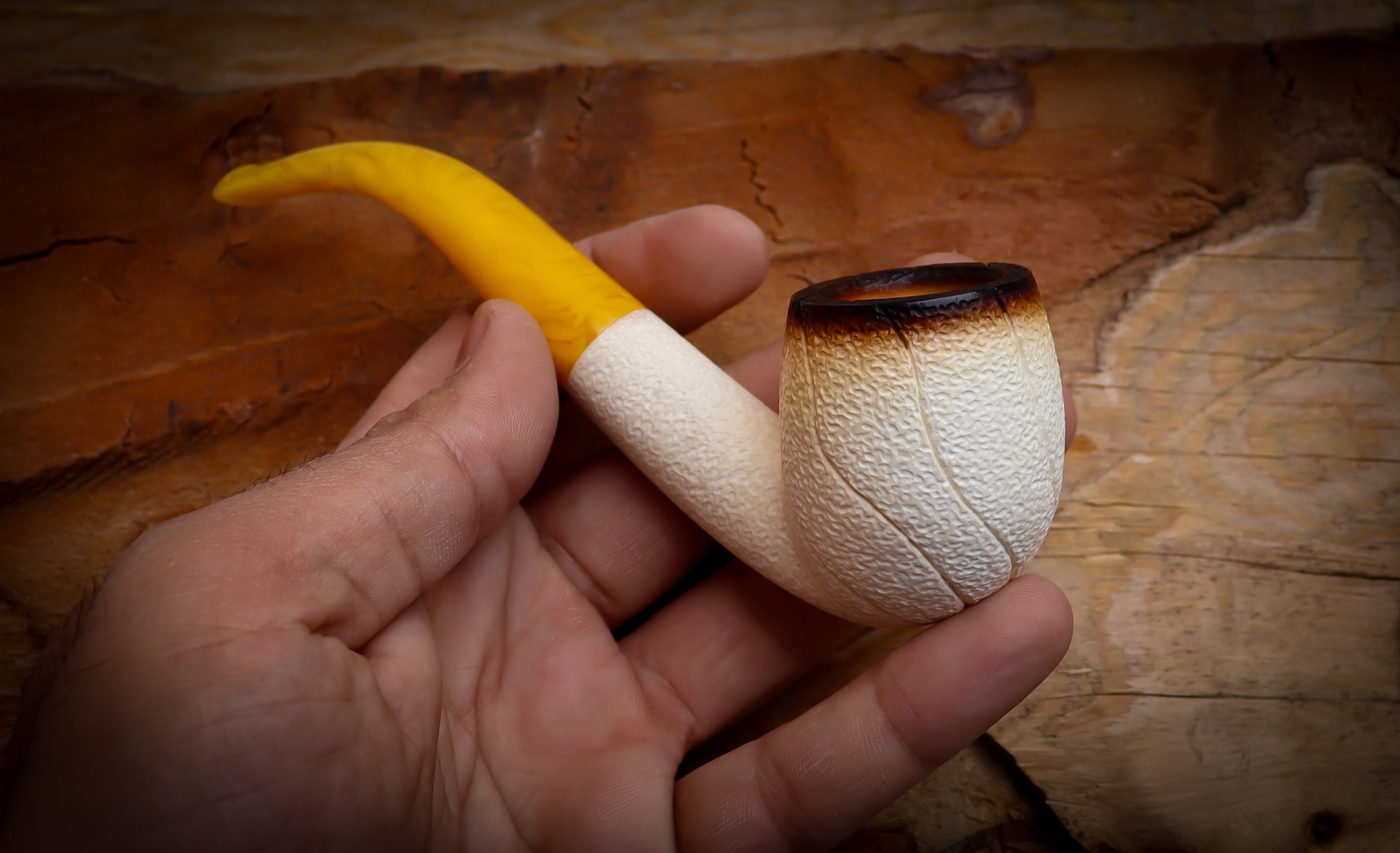 Lee Van Cleef, Rustic Patterned Special Hand Crafted Lee Van Cleef Meerschaum Pipe With Leather Box -Astaş Meerschaum, LVC Meerschaum