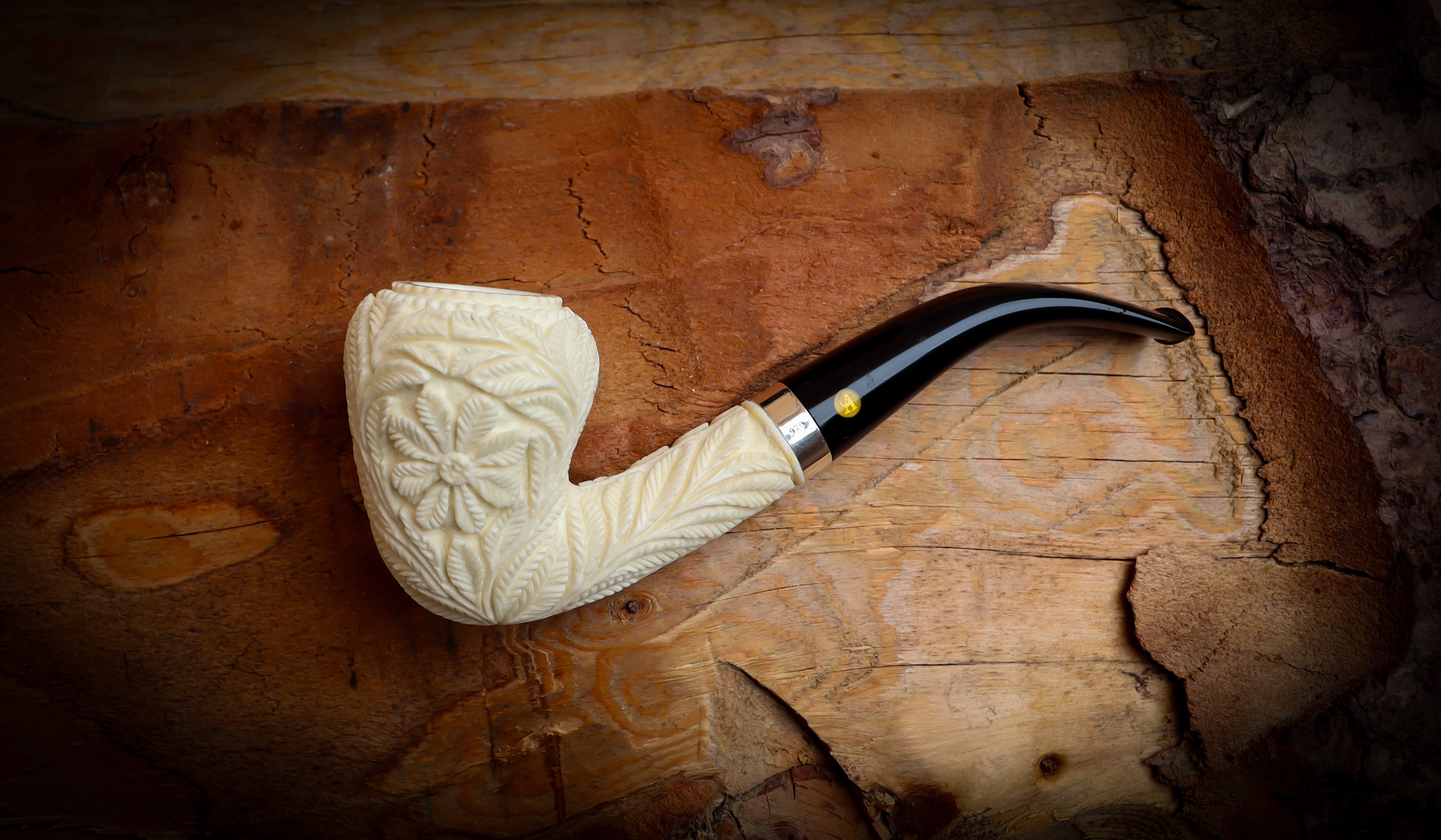 Floral Patterned Meerschaum, Silver Special Handmade Pear Meerschaum Pipe With Leather Box-Astaş Meerschaum