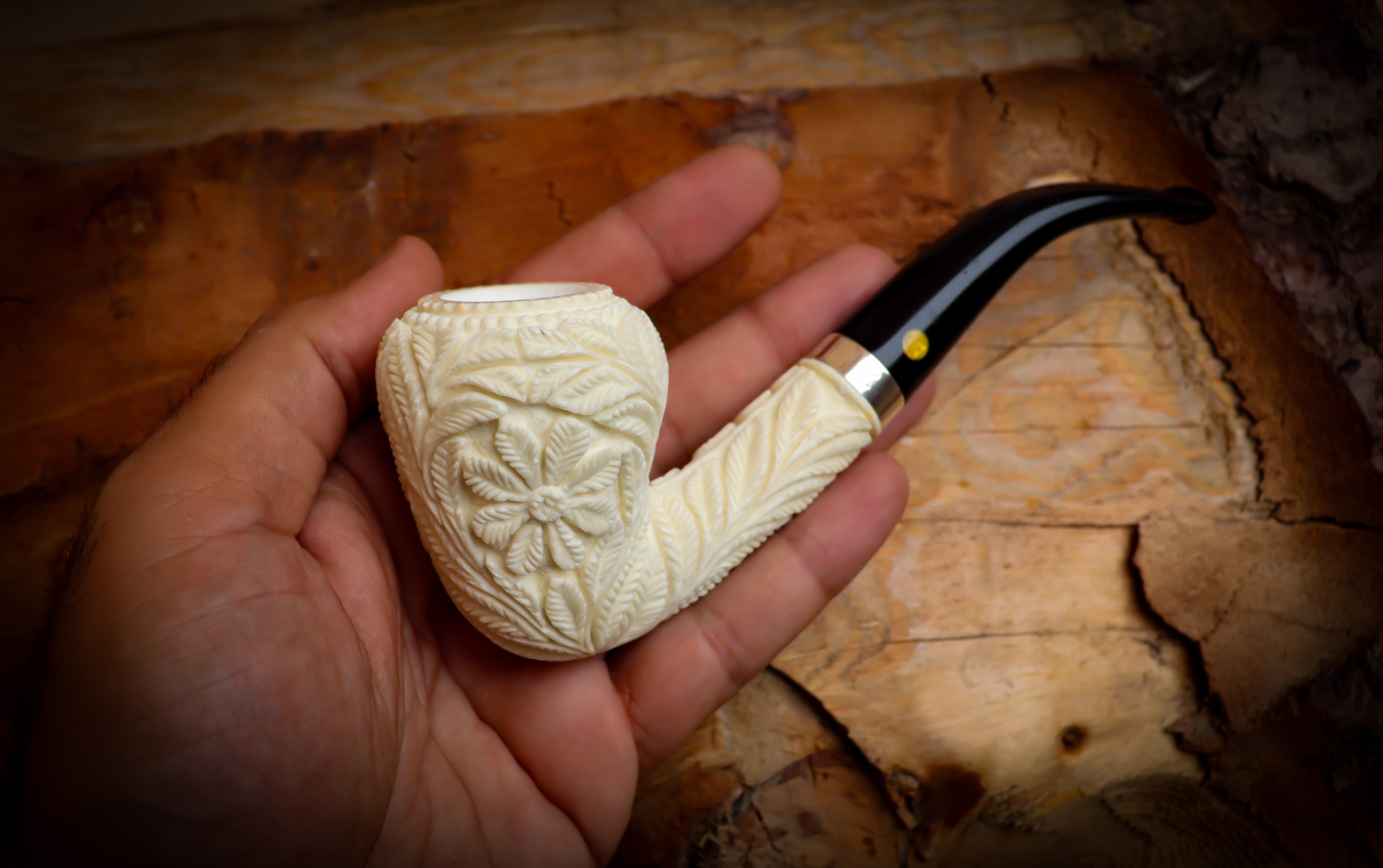 Floral Patterned Meerschaum, Silver Special Handmade Pear Meerschaum Pipe With Leather Box-Astaş Meerschaum