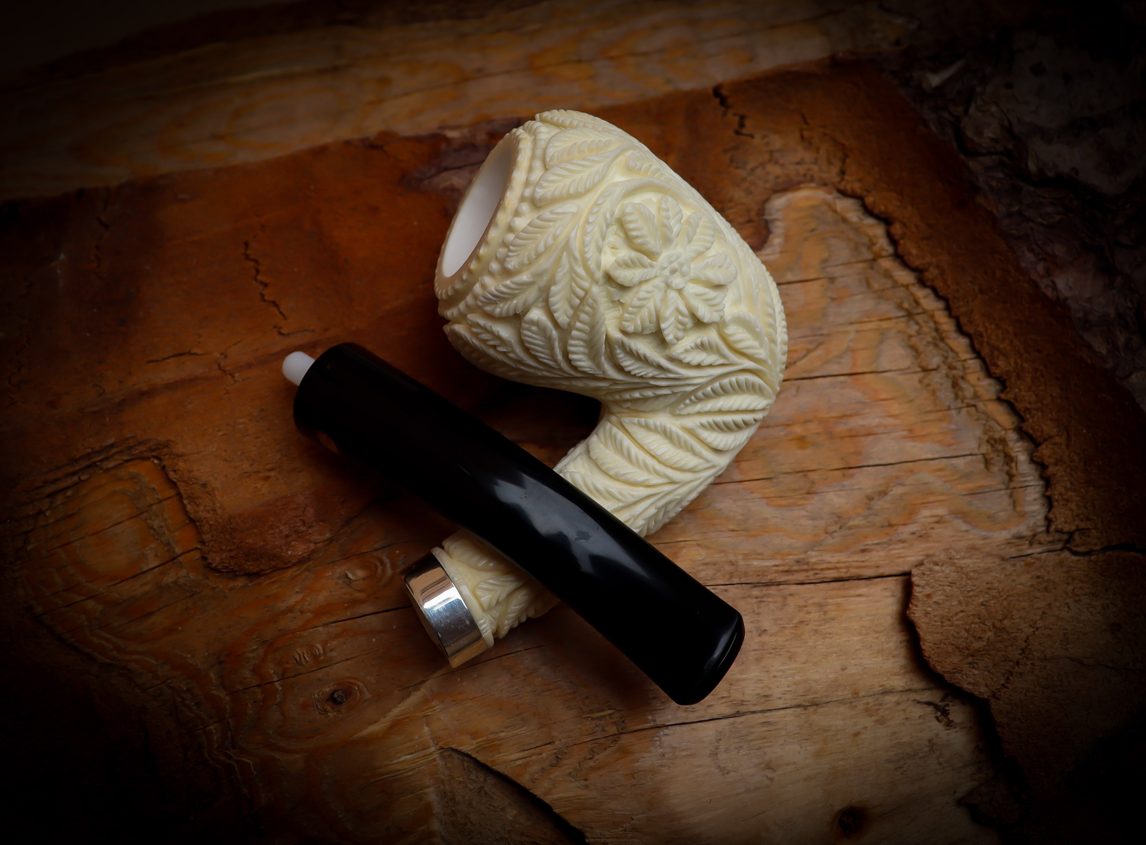 Floral Patterned Meerschaum, Silver Special Handmade Pear Meerschaum Pipe With Leather Box-Astaş Meerschaum