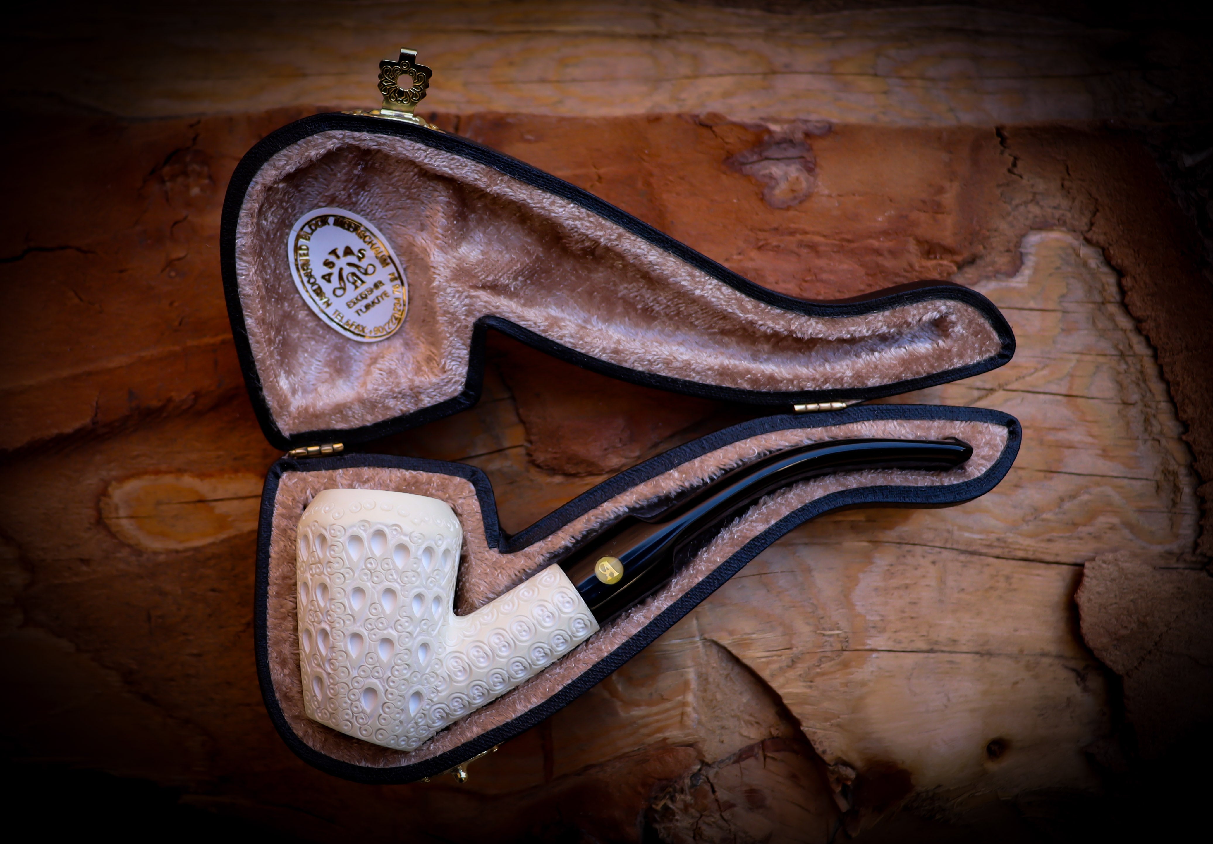 Latticed Special Handmade Panel Block Meerschaum Pipe With Leather Box- Astaş Meerschaum