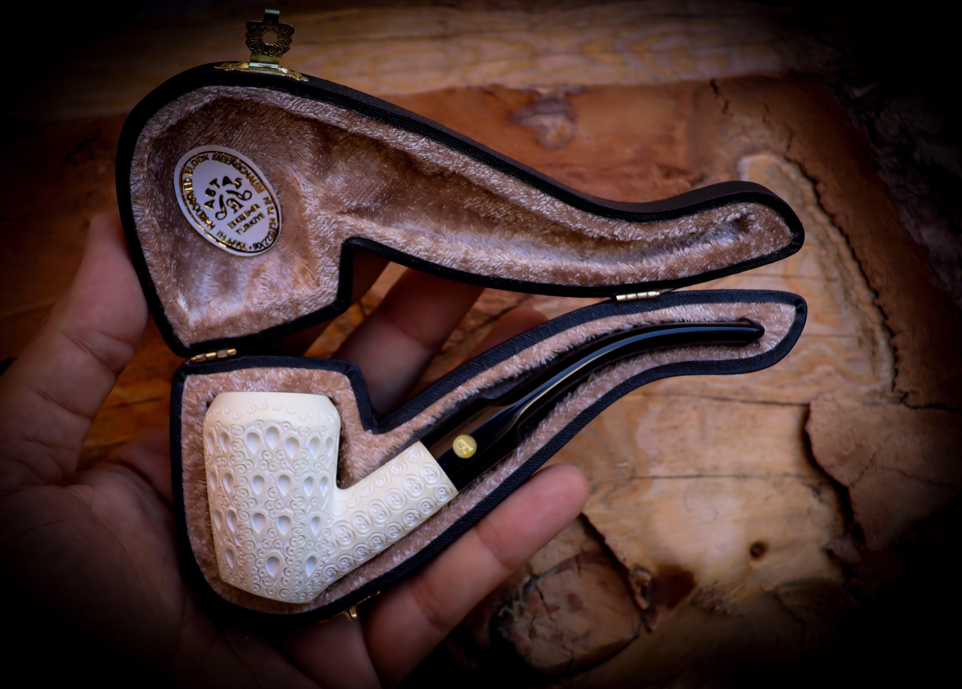 Latticed Special Handmade Panel Block Meerschaum Pipe With Leather Box- Astaş Meerschaum