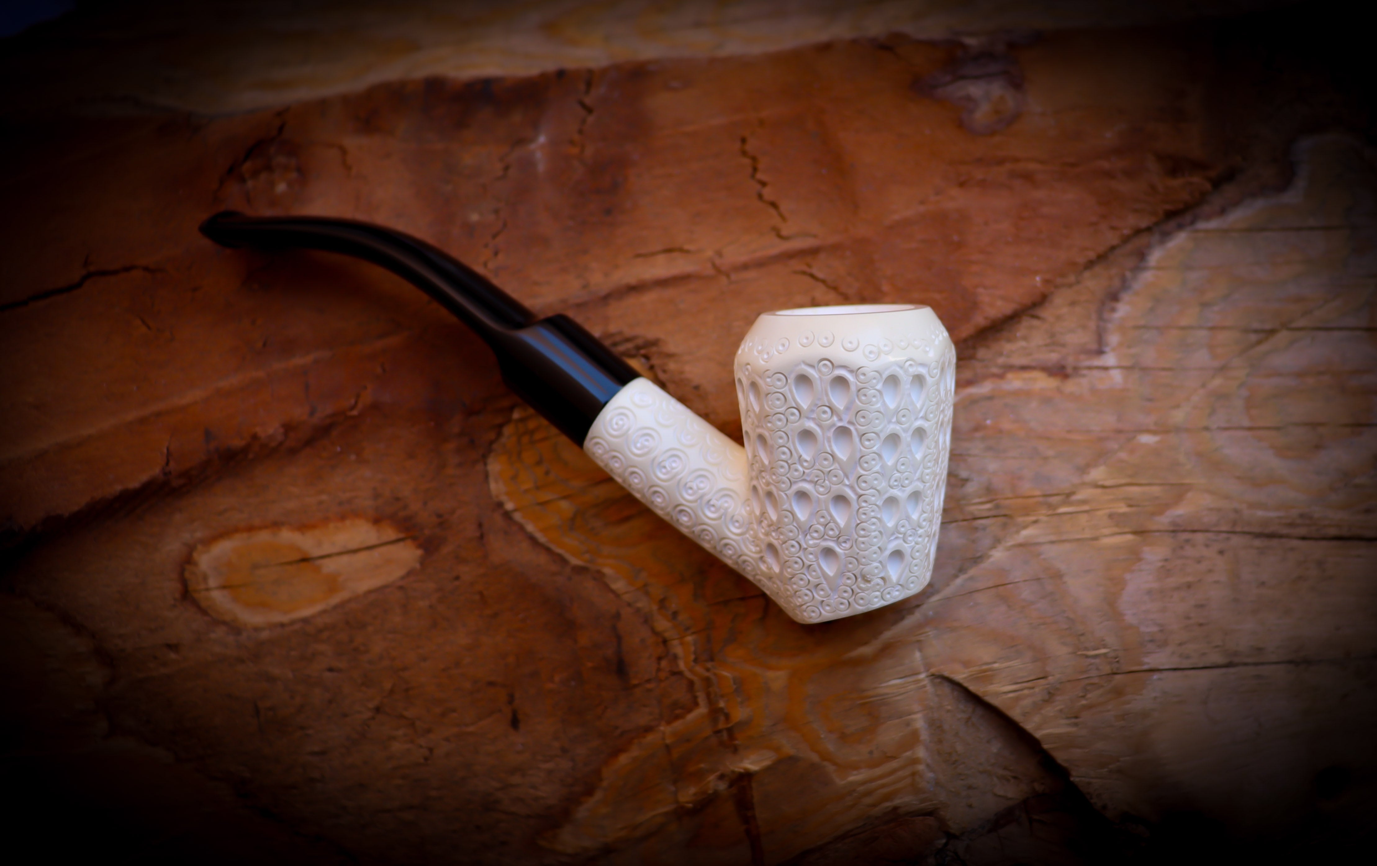 Latticed Special Handmade Panel Block Meerschaum Pipe With Leather Box- Astaş Meerschaum
