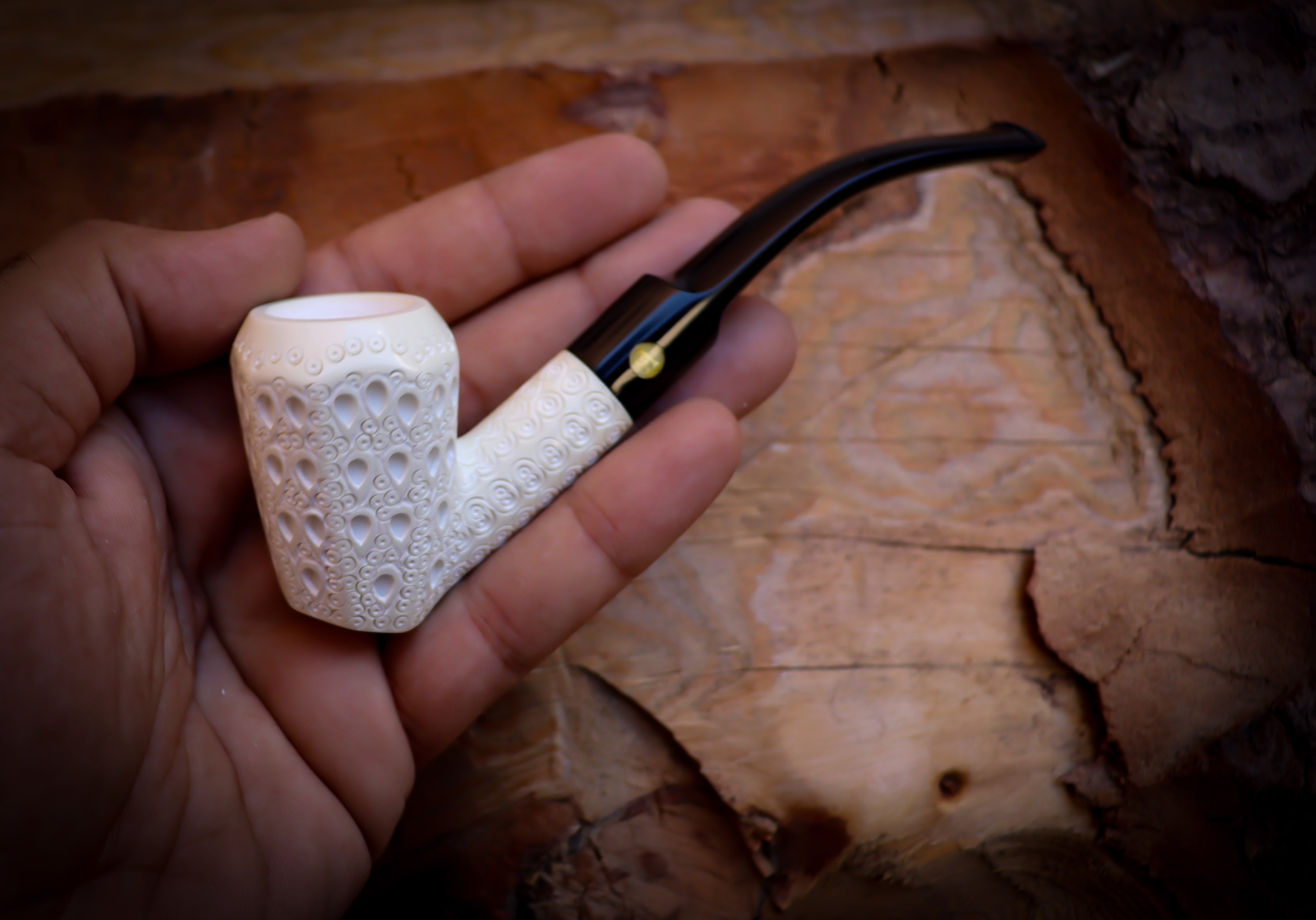 Latticed Special Handmade Panel Block Meerschaum Pipe With Leather Box- Astaş Meerschaum