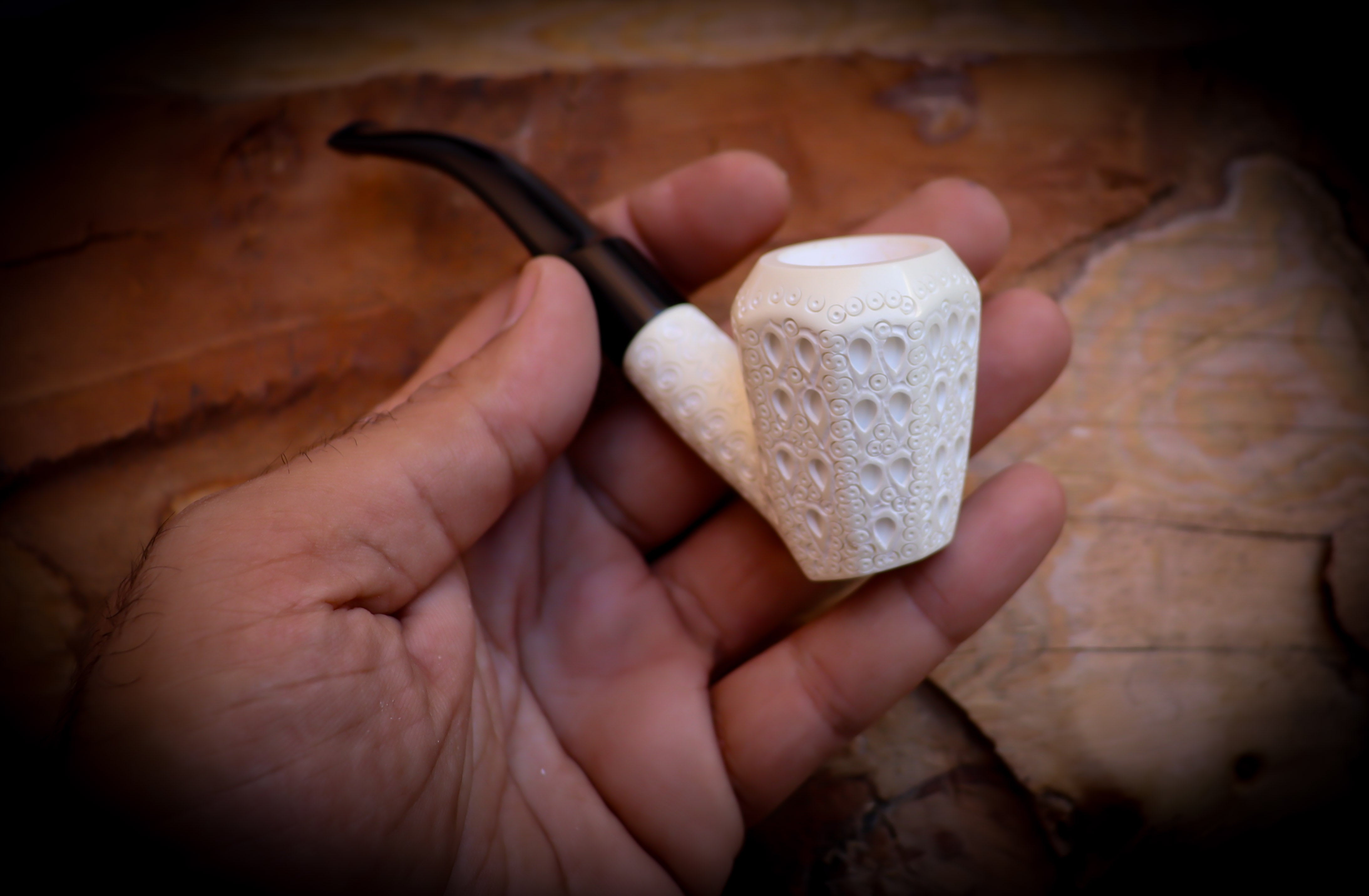 Latticed Special Handmade Panel Block Meerschaum Pipe With Leather Box- Astaş Meerschaum