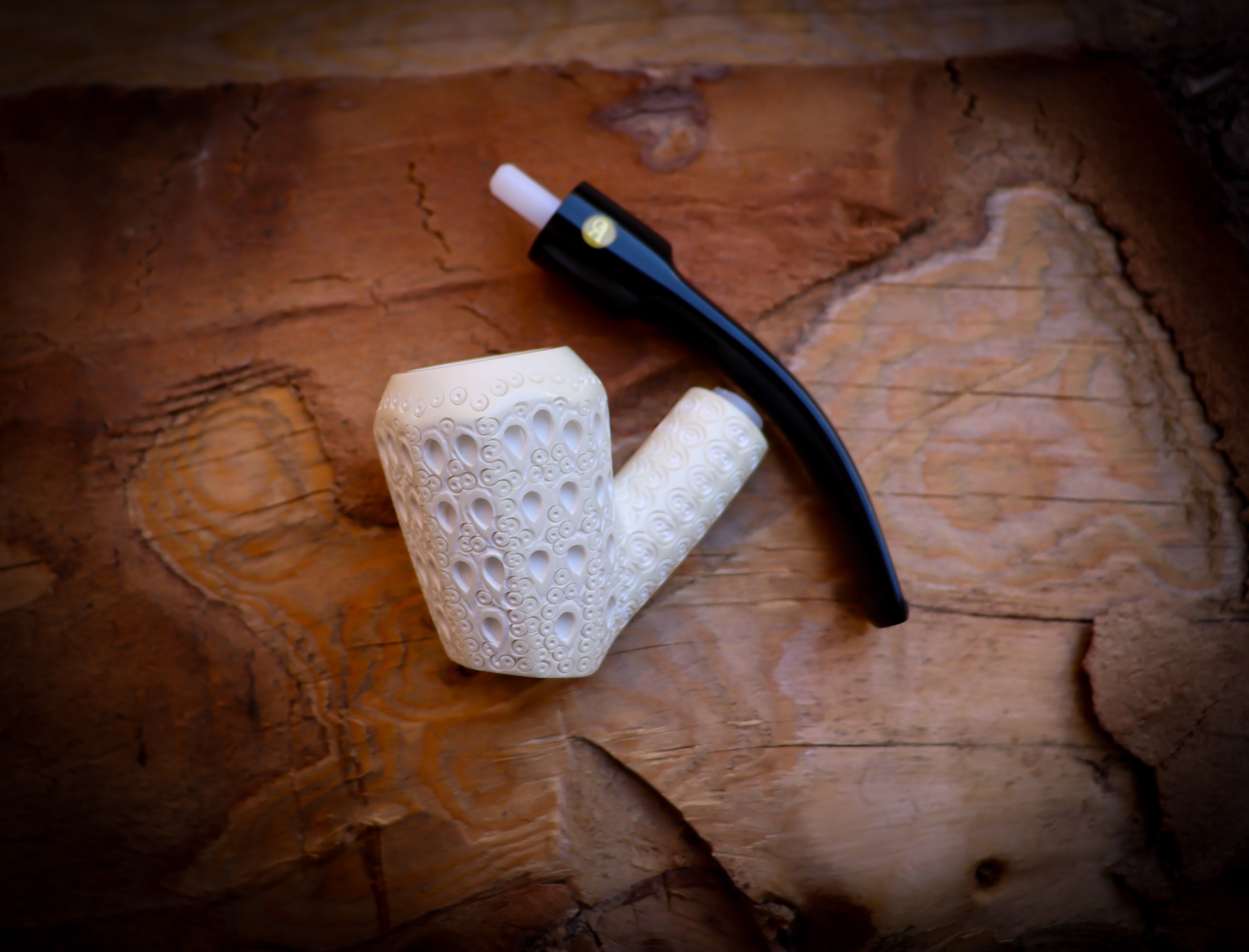 Latticed Special Handmade Panel Block Meerschaum Pipe With Leather Box- Astaş Meerschaum