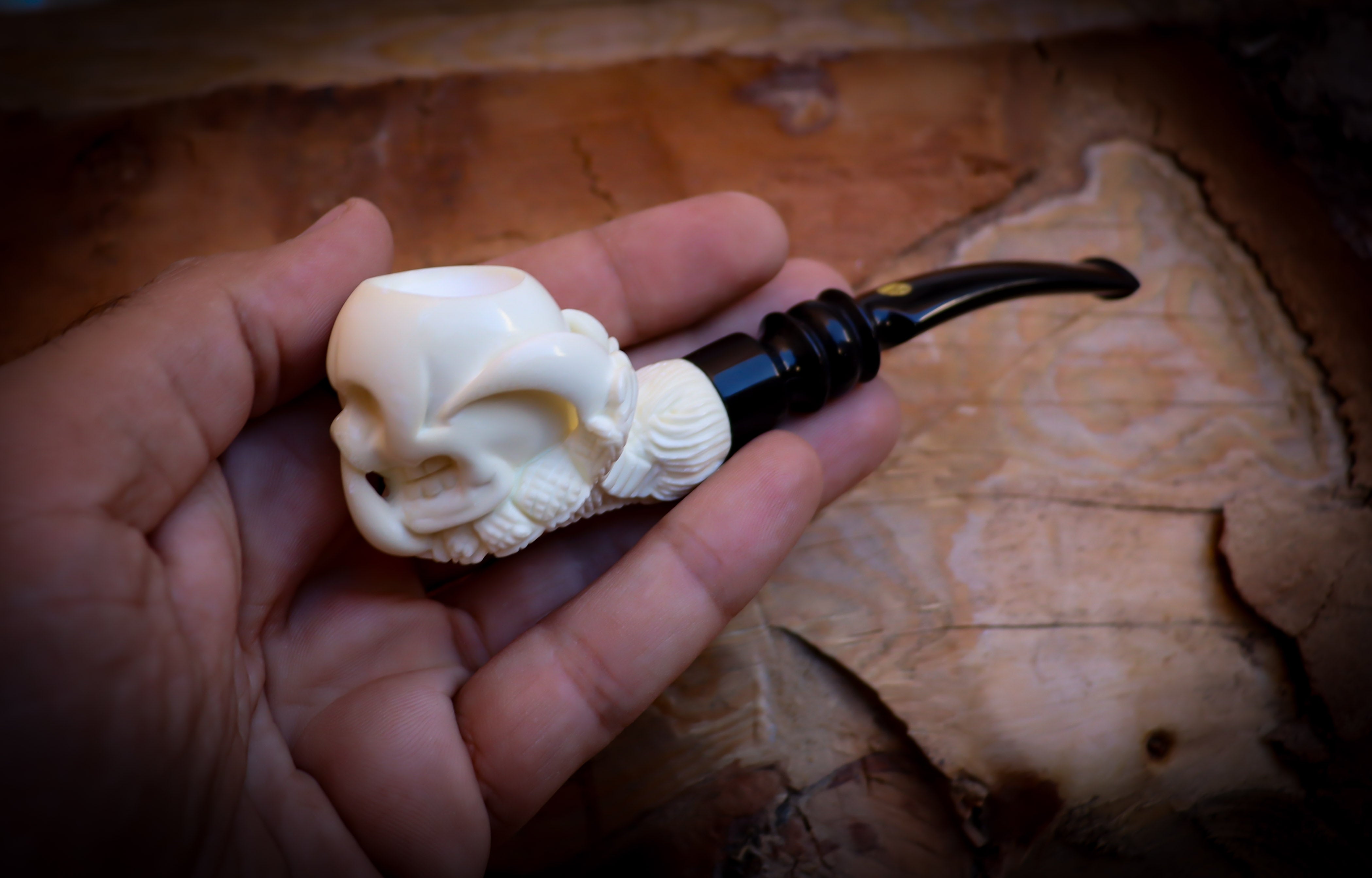Skull in Eagle Claw Meerschaum, Special Handmade Skull in Eagle claw Meerschaum Pipe With Leather Box-Astaş Meerschaum