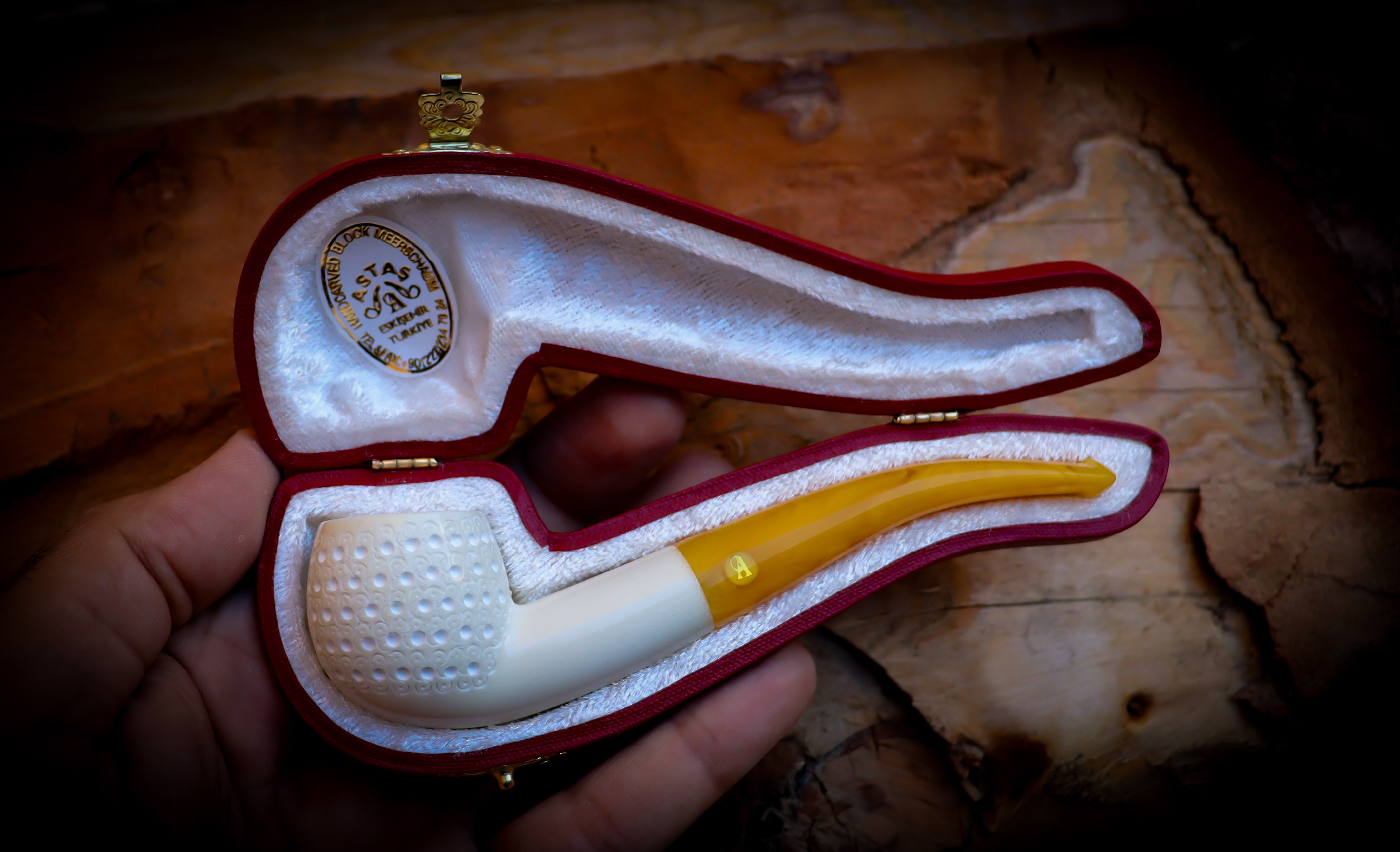 Bent Meerschaum, Embriodered Special Handmade Bent Meerschaum Pipe With Leather Box- Astaş Meerschaum