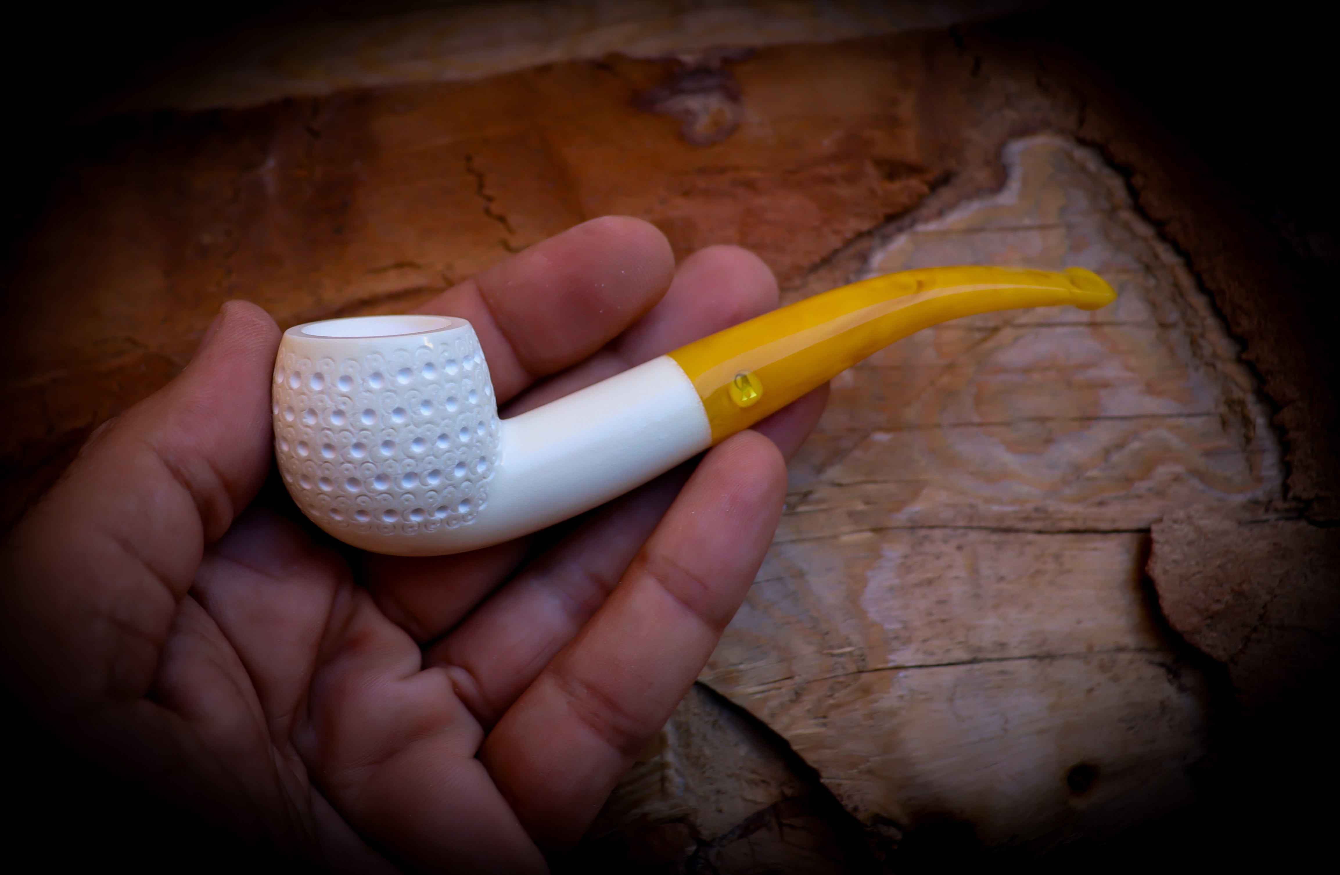Bent Meerschaum, Embriodered Special Handmade Bent Meerschaum Pipe With Leather Box- Astaş Meerschaum