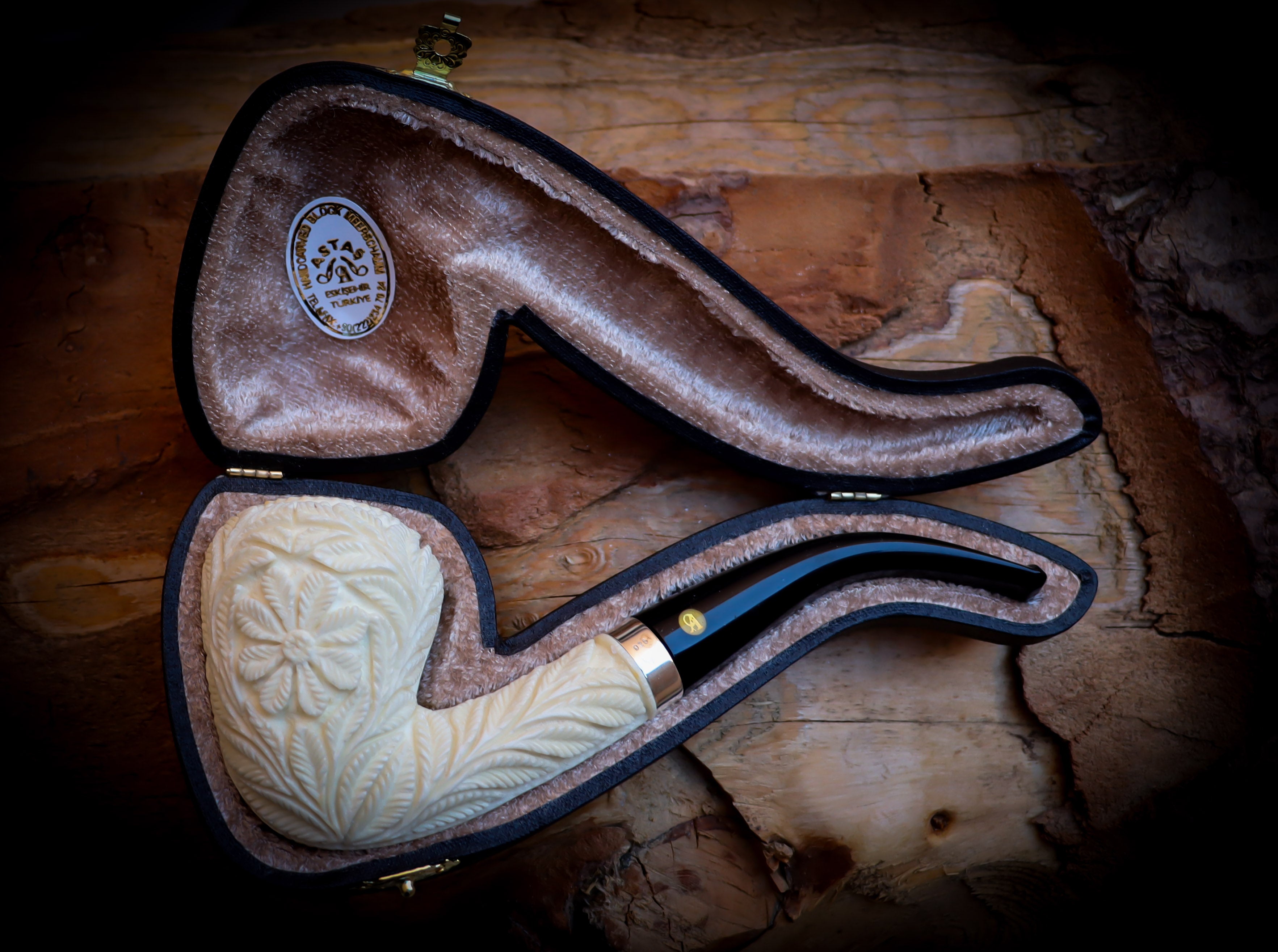 Floral Patterned Meerschaum, Silver Special Handmade Pear Meerschaum Pipe With Leather Box-Astaş Meerschaum