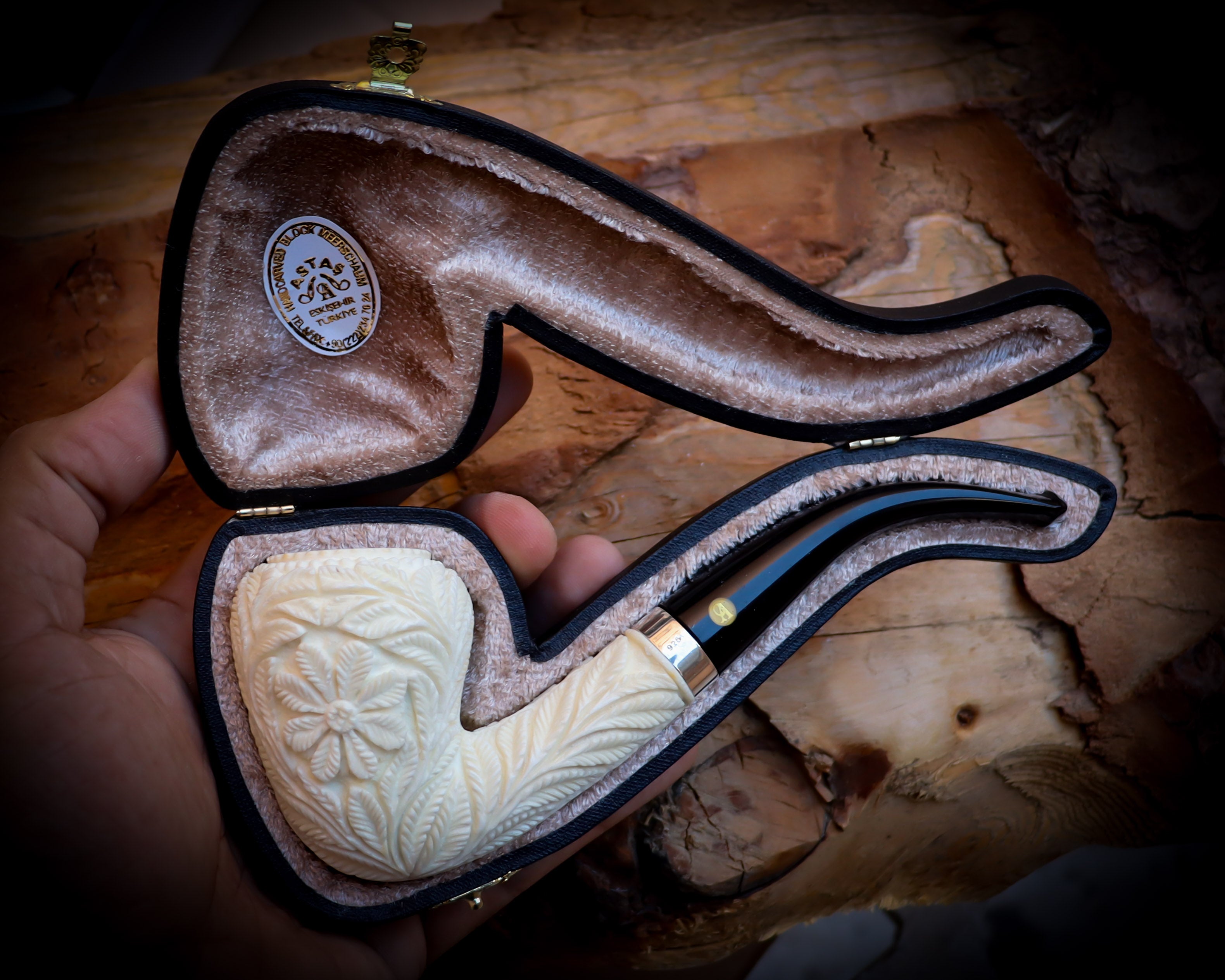 Floral Patterned Meerschaum, Silver Special Handmade Pear Meerschaum Pipe With Leather Box-Astaş Meerschaum