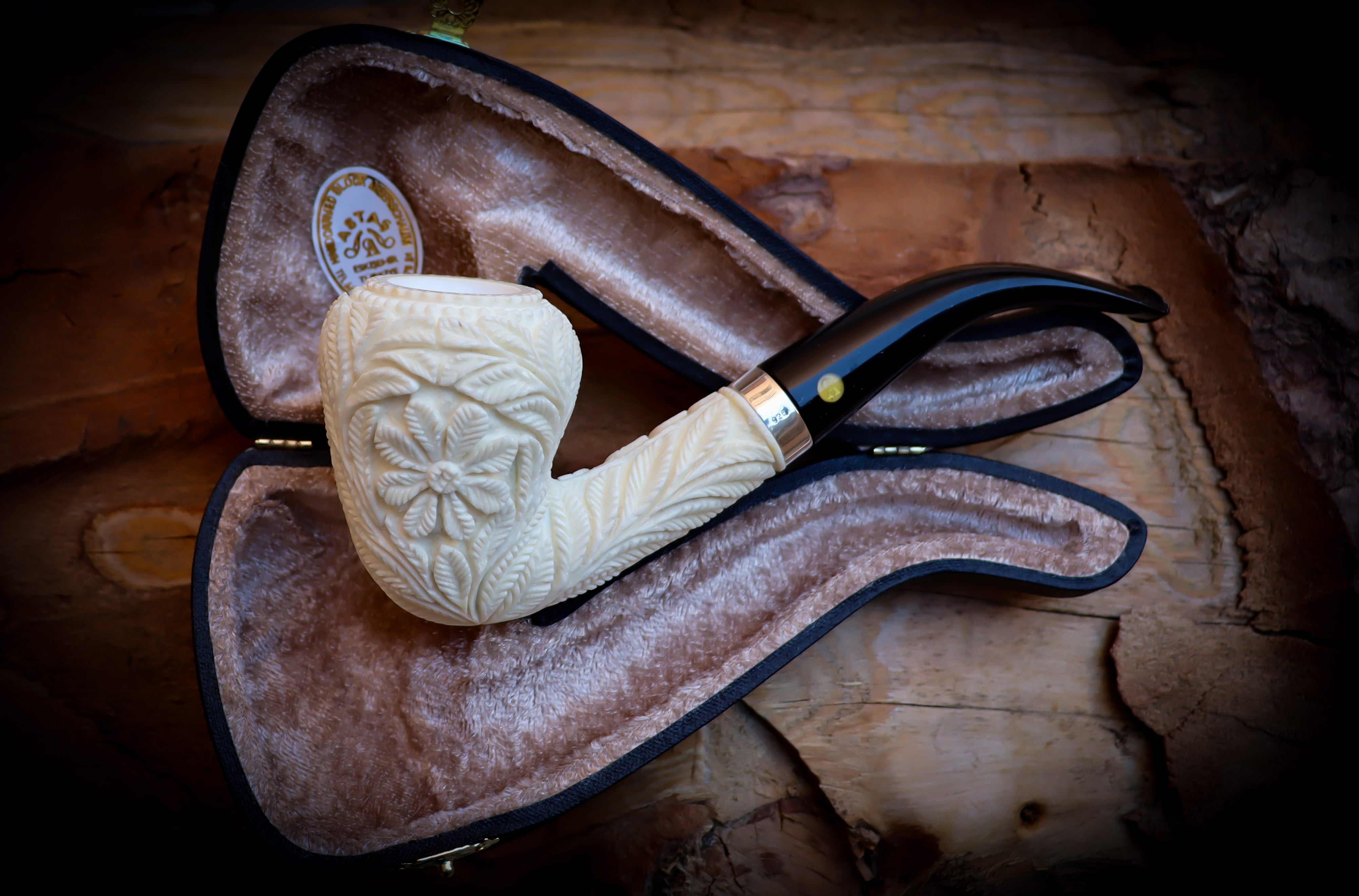 Floral Patterned Meerschaum, Silver Special Handmade Pear Meerschaum Pipe With Leather Box-Astaş Meerschaum